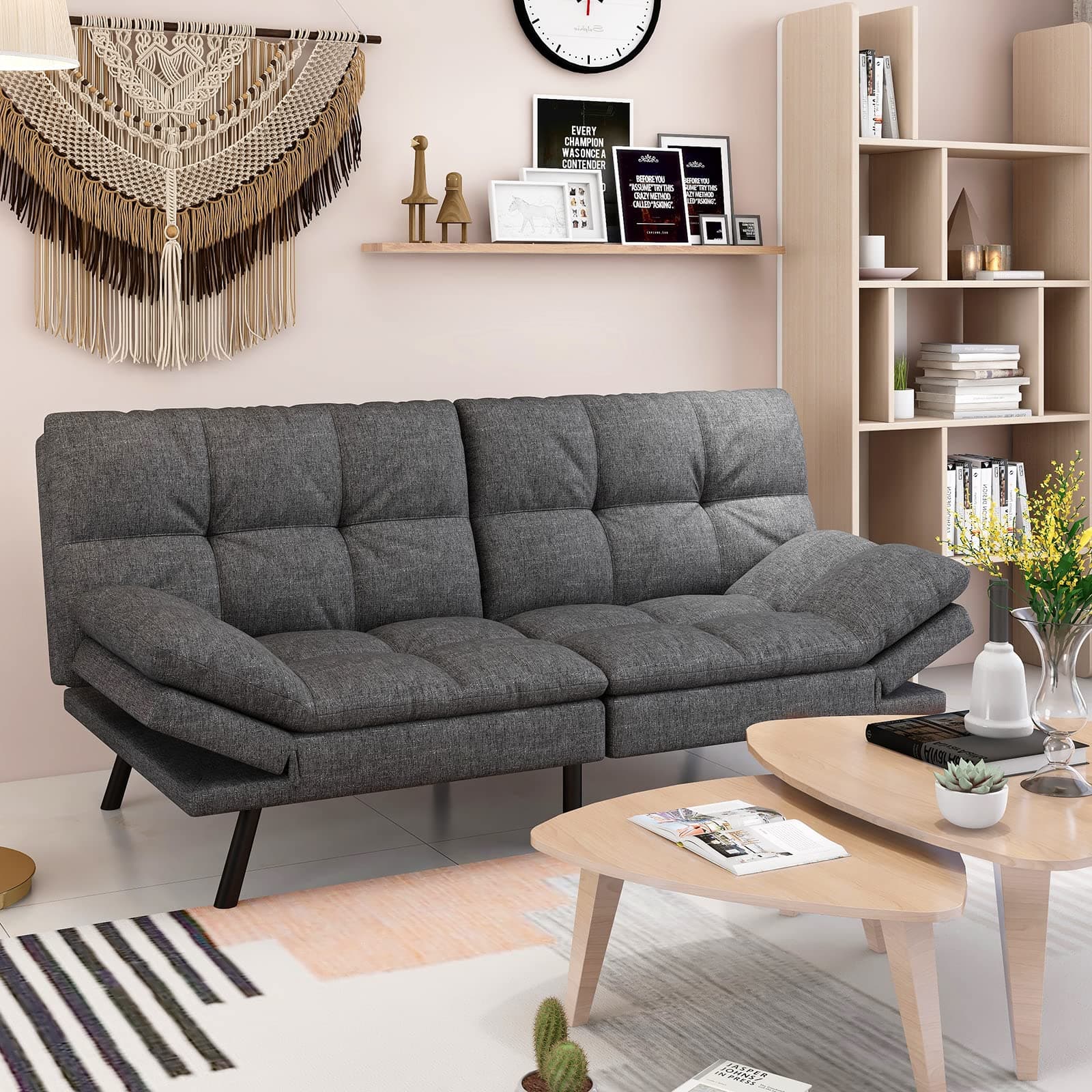 Dark Gray Memory Foam Wood-it Futon Sofa Bed with Adjustable Armrests