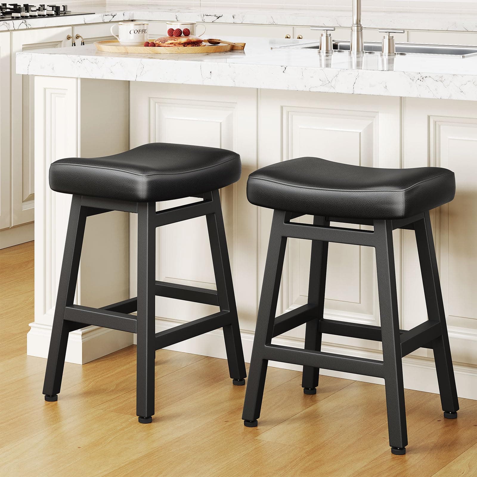 All Black Counter Height Bar Stools Set of 2, 24 Inch Kitchen Barstools