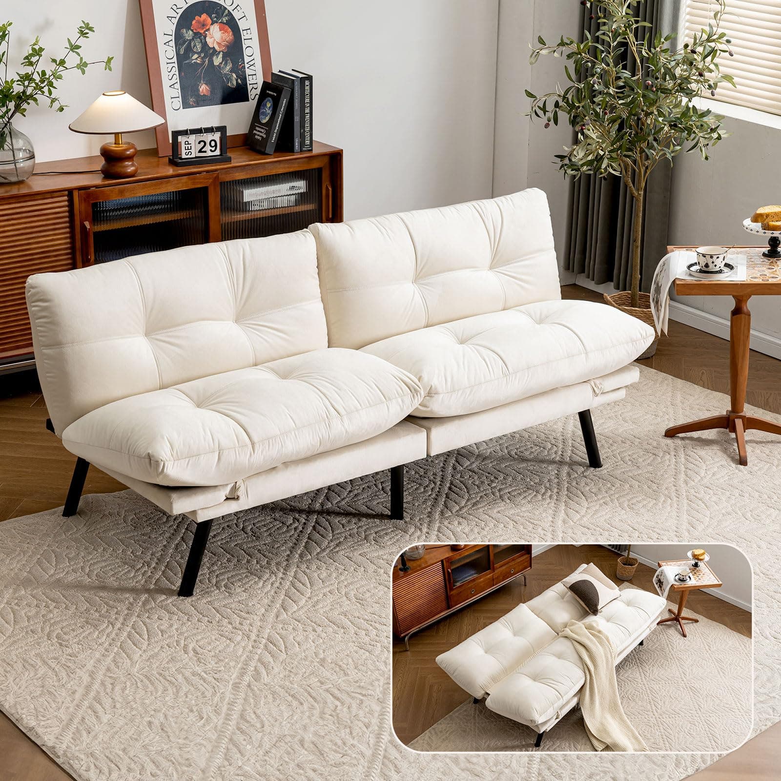 71" Comfy Velvet Convertible Futon Sofa Bed with 7" Pillow Cushion for Small Spaces
