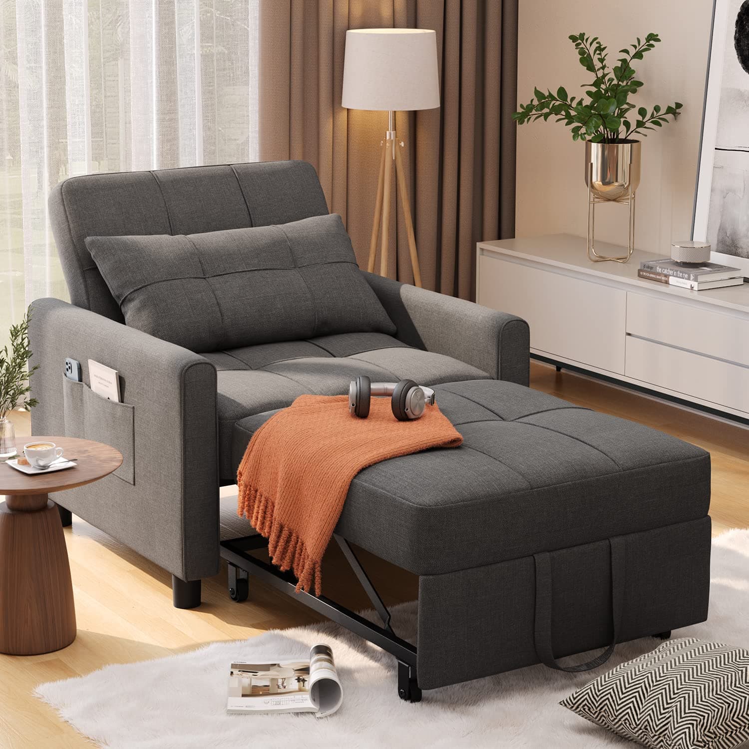 3-in-1 Convertible Futon Sofa Bed with Adjustable Backrest, Dark Grey Linen Fabric
