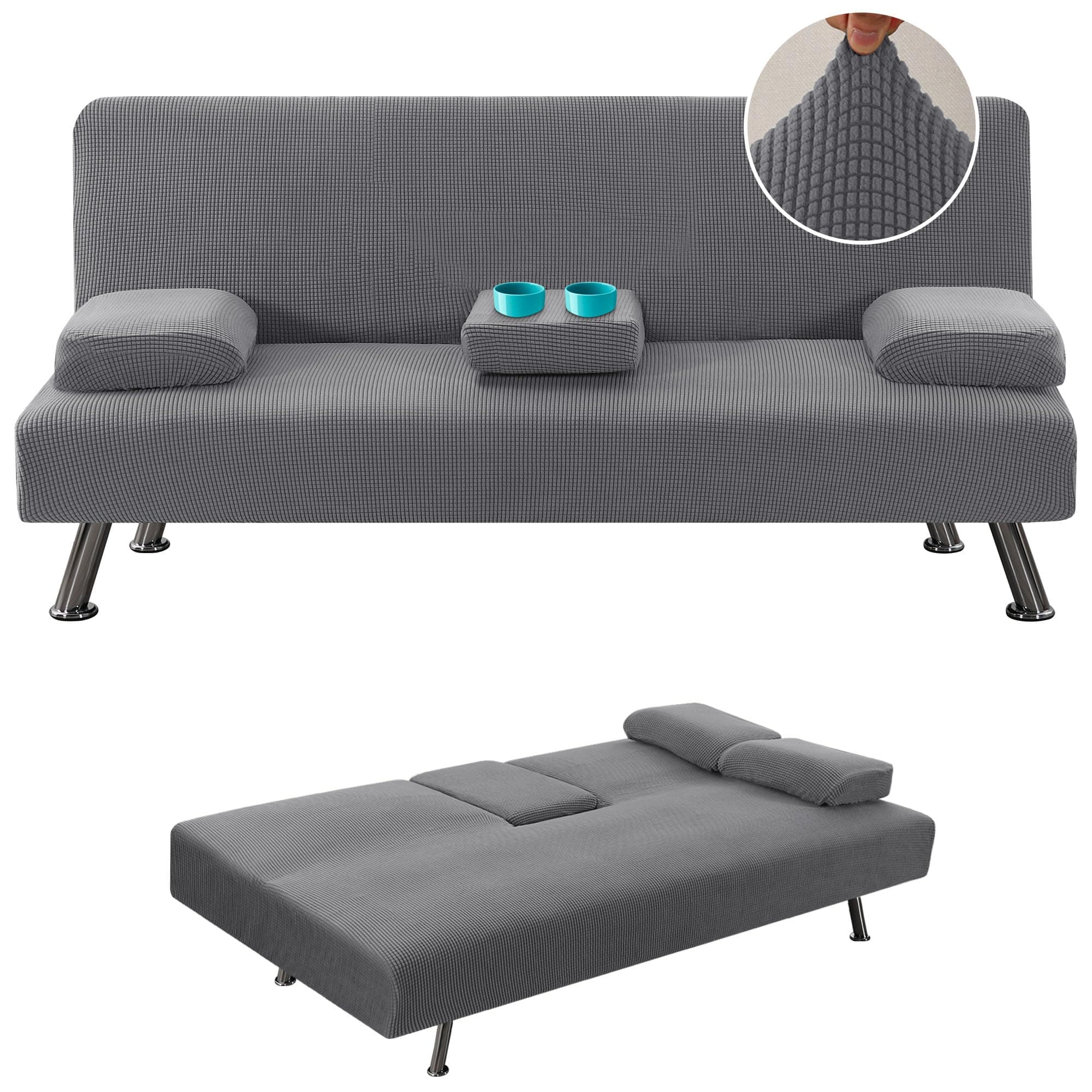 Stretch Futon Sofa Bed Slipcover with Removable Armrests and Cupholders - Grey