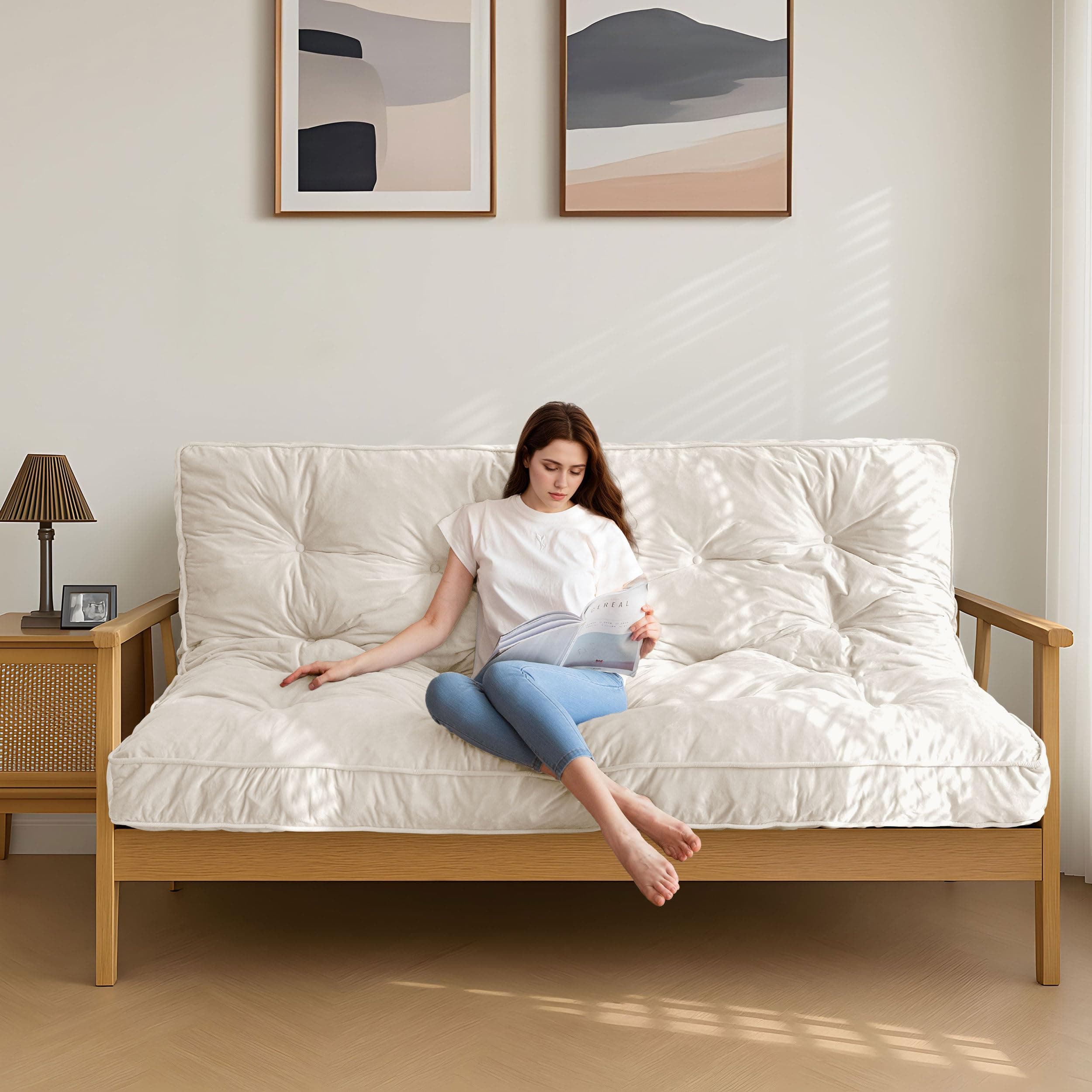 MAXYOYO 6" Full Size Velvet Thick Futon Mattress, Shredded Foam Filling, Beige