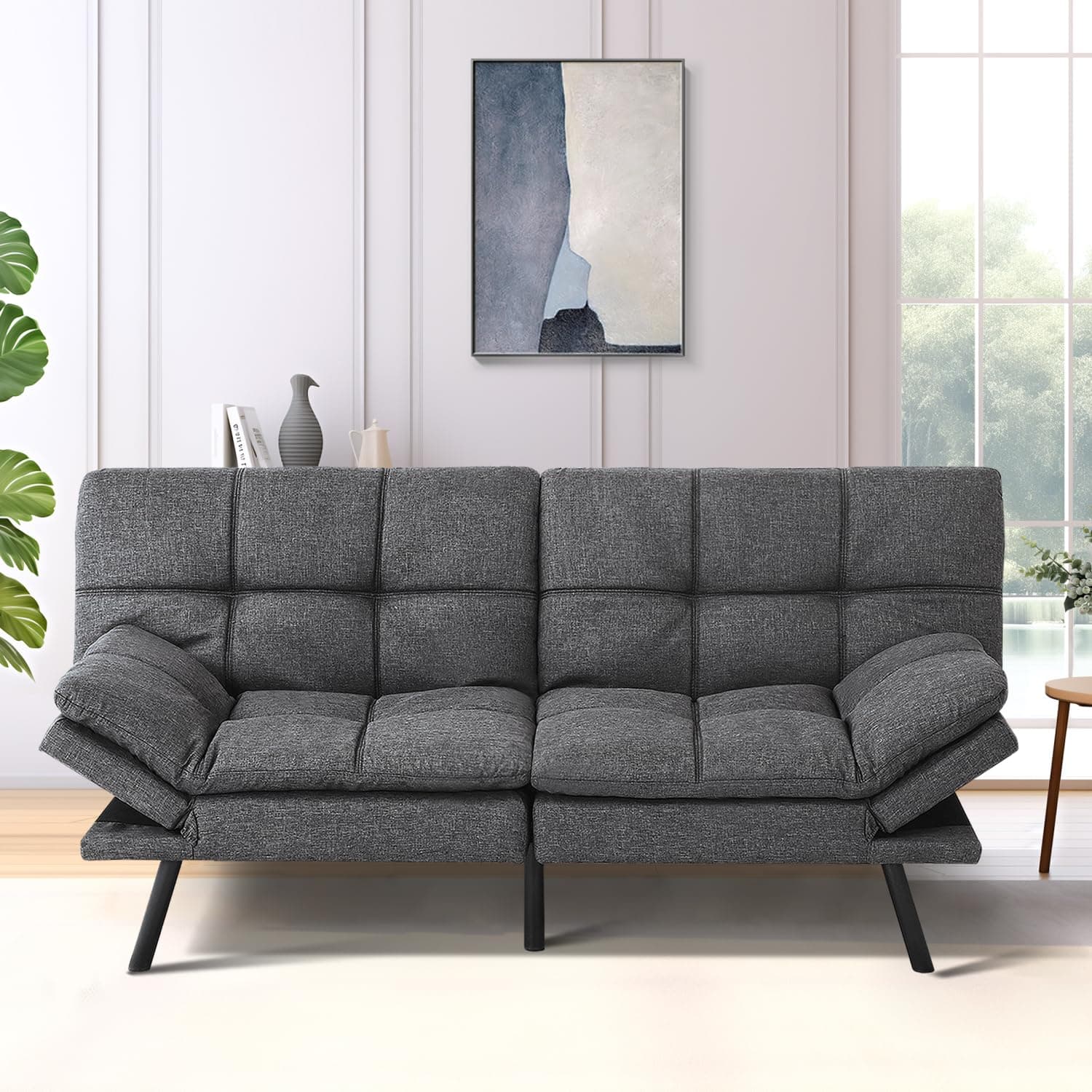 Memory Foam Futon Sofa Bed for Small Spaces - Grey Fabric