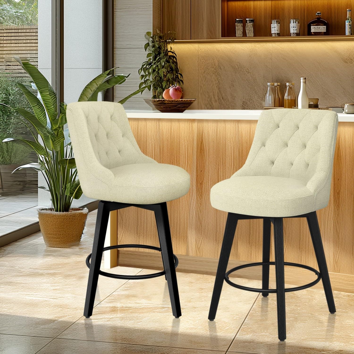 Modern Swivel Bar Stools Set of 2, Counter Height with Back, Solid Wood Legs, Ivory White