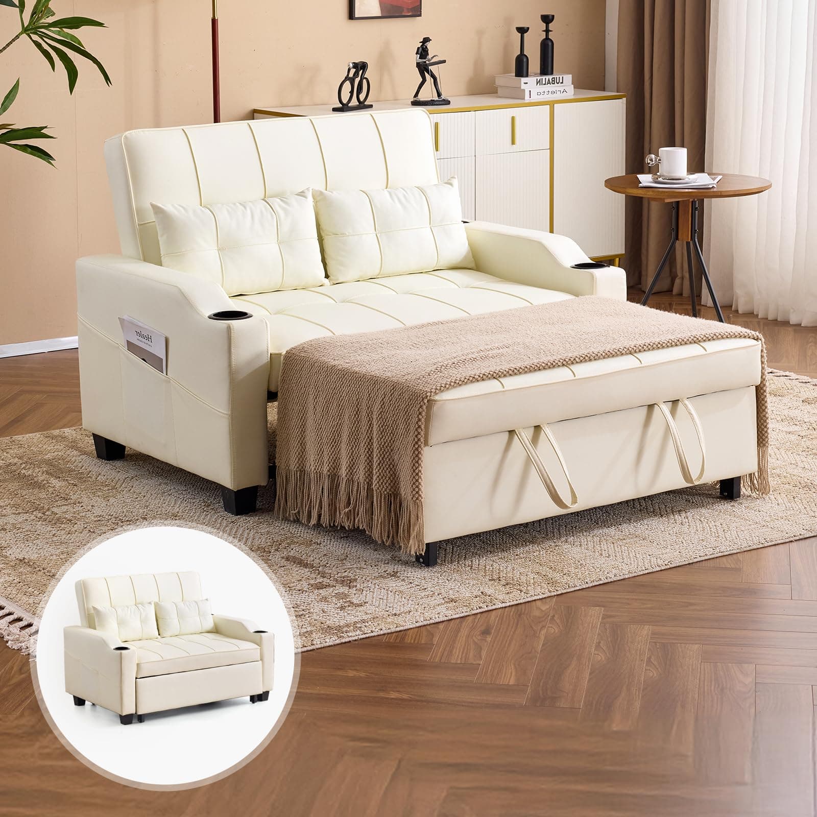 VINGLI Beige Faux Leather Pullout Sofa Bed with USB Ports