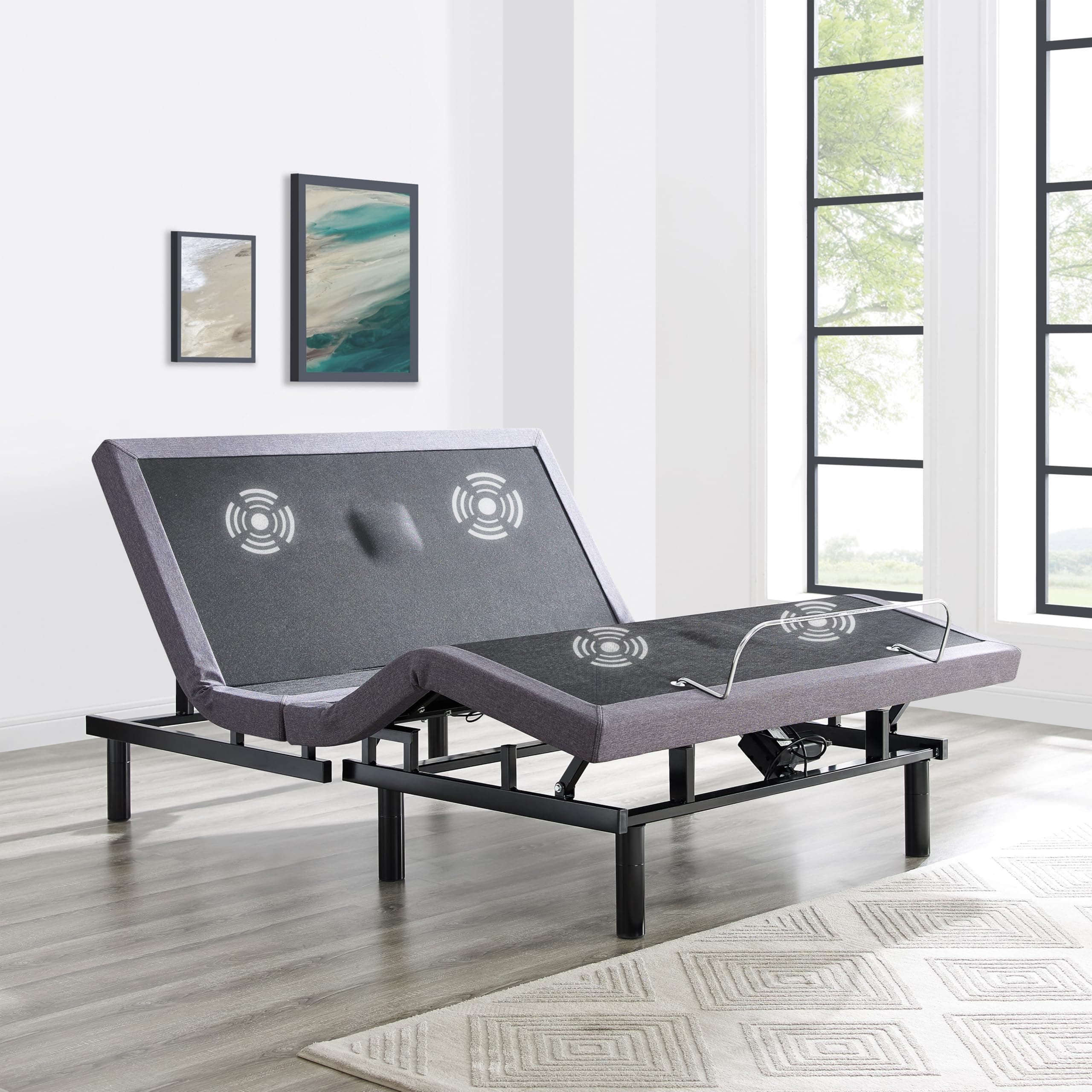 Adjustable Queen Size Bed Base with Lumbar Support, Massage, USB Ports, Wireless Remote - Grey