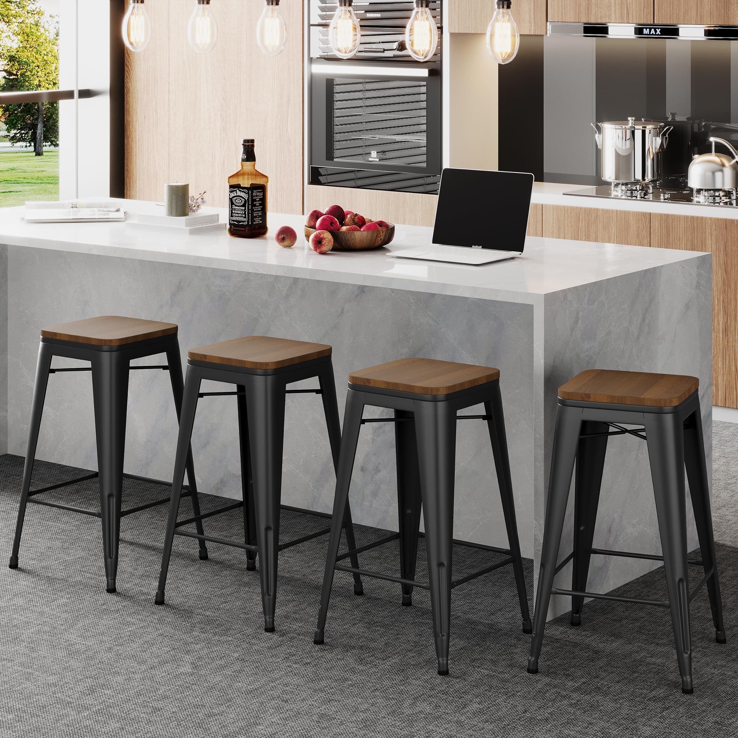 Alunaune 24" Metal Stackable Bar Stool Set Matte Black
