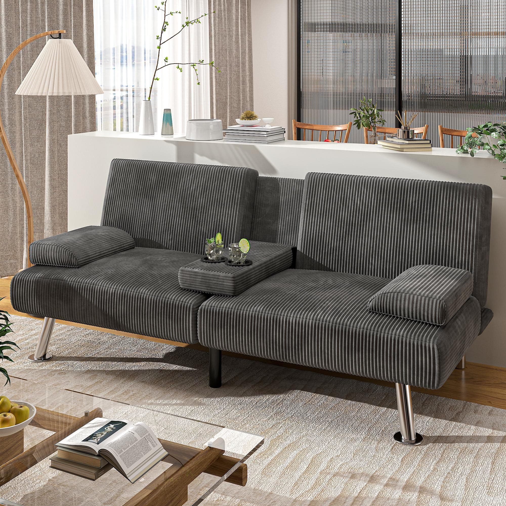 Shahoo Modern Upholstered Convertible Futon Sofa Bed, Grey