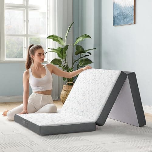 Tri Fold Memory Foam Mattress Topper, 4 Inch, Portable & Breathable, Gray