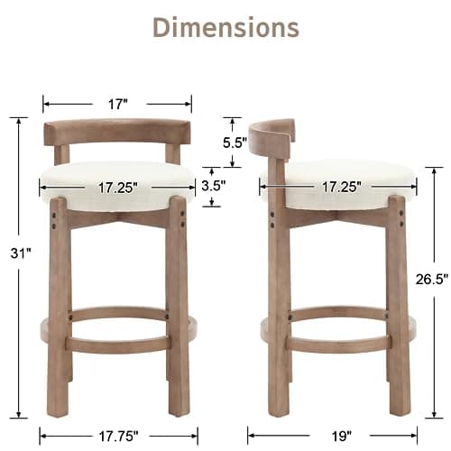 Mid-Century Linen Upholstered Bar Stools, Beige, Set of 2