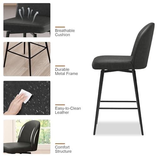 Set of 3 Counter Height Swivel Bar Stools with Backs and Footrest, Black