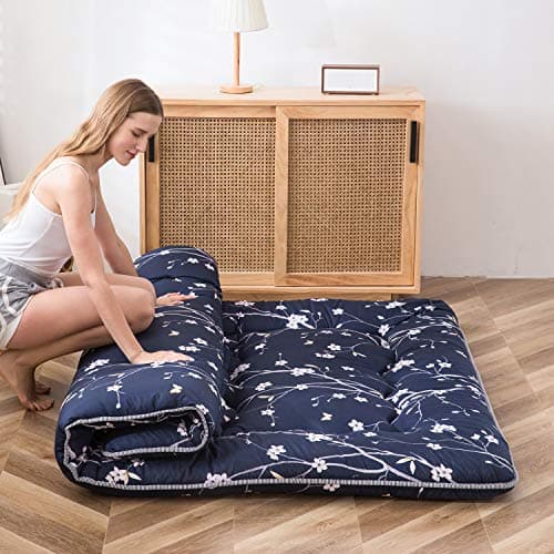 MAXYOYO Navy Floral Japanese Foldable Futon Mattress Twin Size