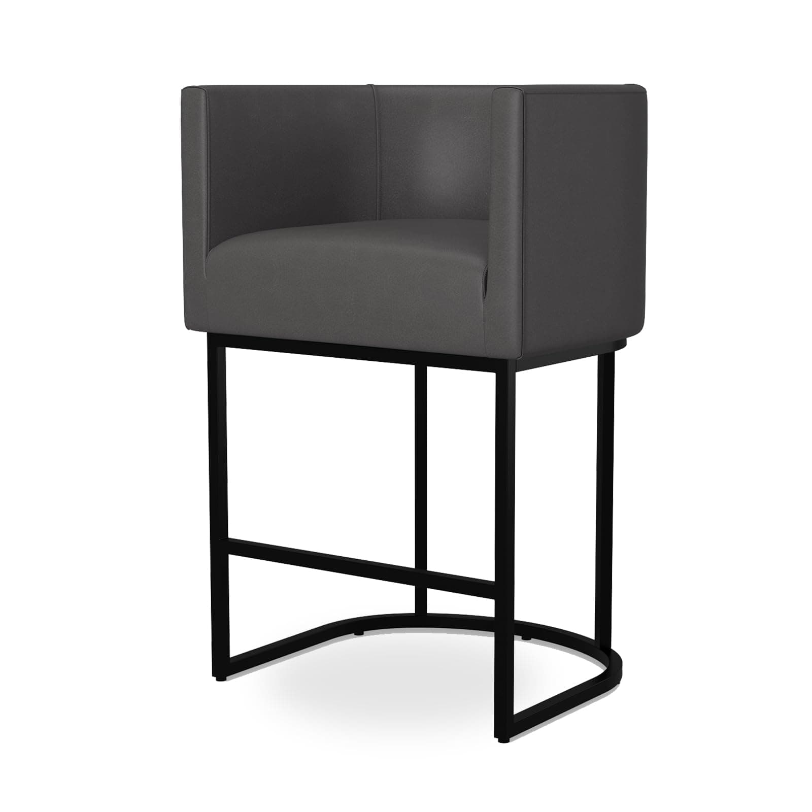 Counter Height Bar Stools with Back and Armrest, Black Metal Frames, Upholstered in Dark Grey Faux Leather