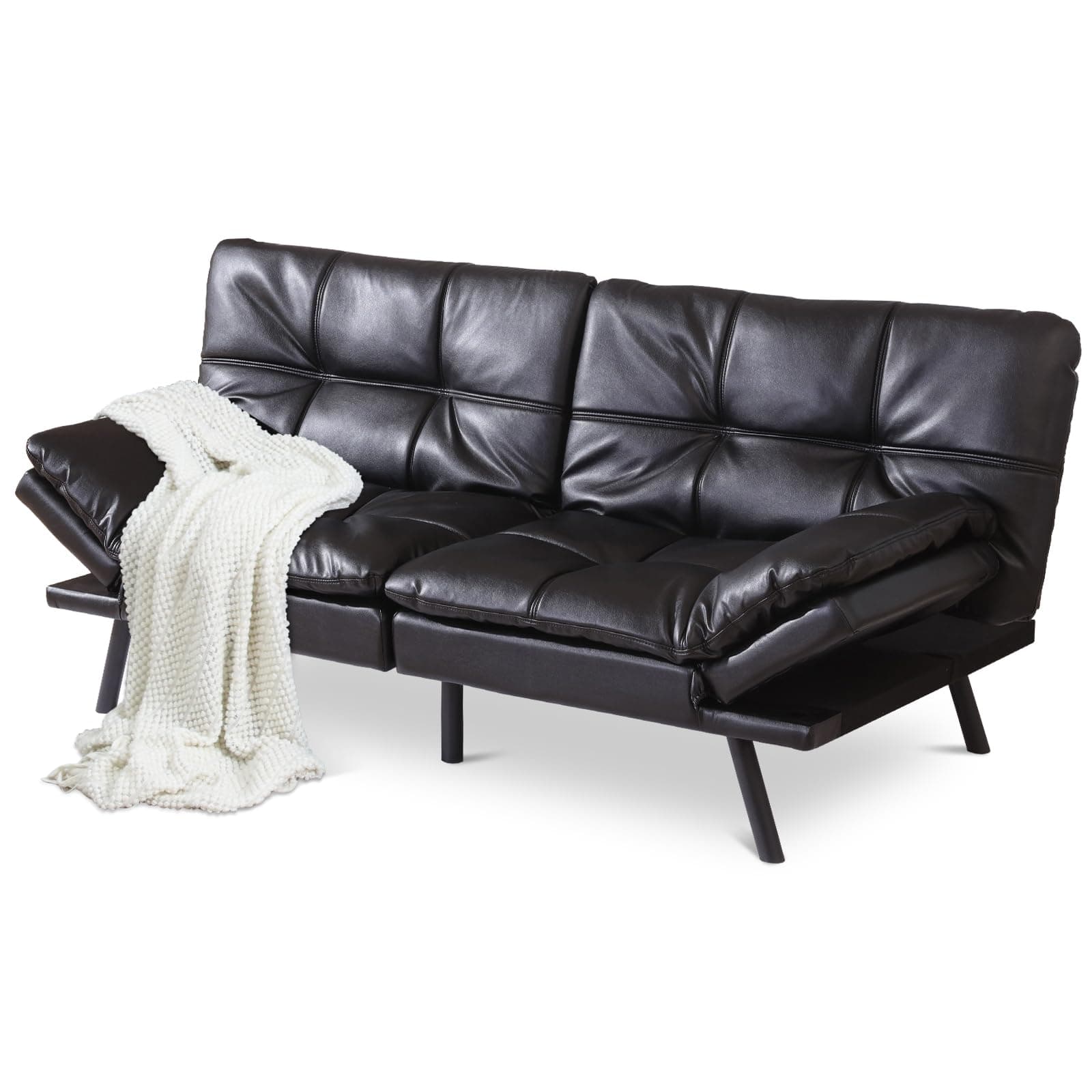Modern Convertible Memory Foam Sleeper Sofa Bed with Adjustable Armrest Backrest, Faux Leather - Black, 71''x33''x31.5''