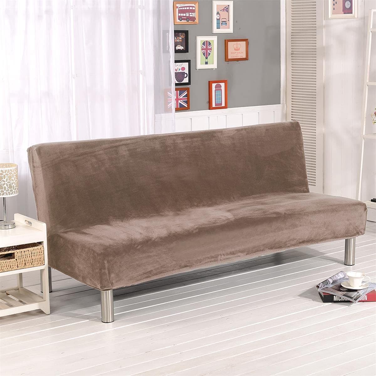 Camel Thick Plush Futon Cover for Stretch Armless Sofa Bed