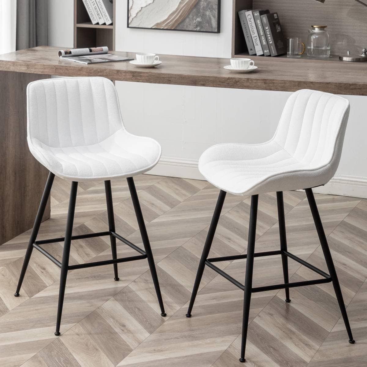 White Bar Stools with Fabric Upholstery for Kitchen and Bar (Set of 2).