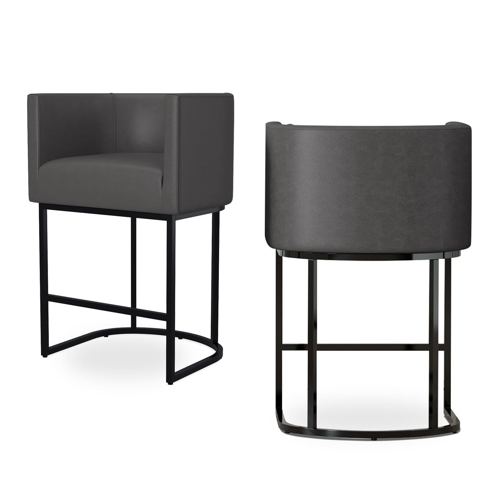 26.4 H Counter Height Bar Stools Set of 2, Modern Barrel Stools, Black Metal Frames, Upholstered Kitchen Island Stools