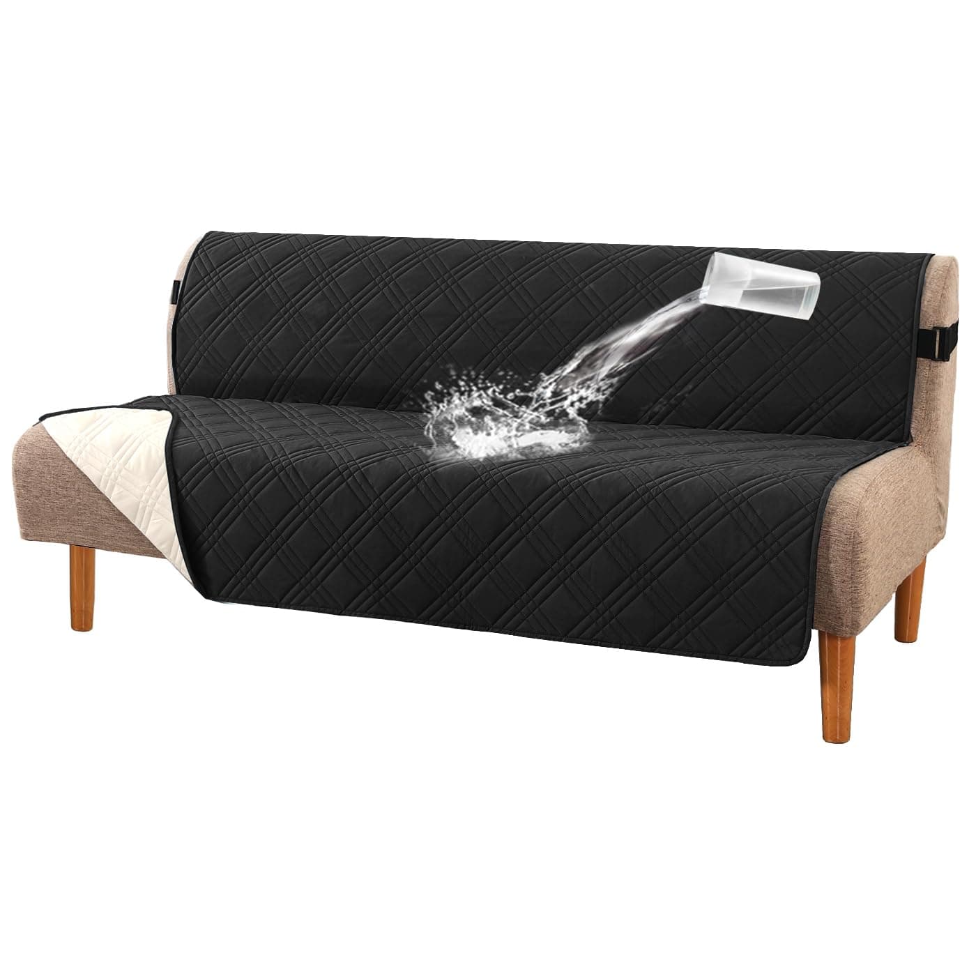 H.VERSAILTEX Waterproof Futon Slipcover Armless Black/Beige Pet Proof with Elastic Strap