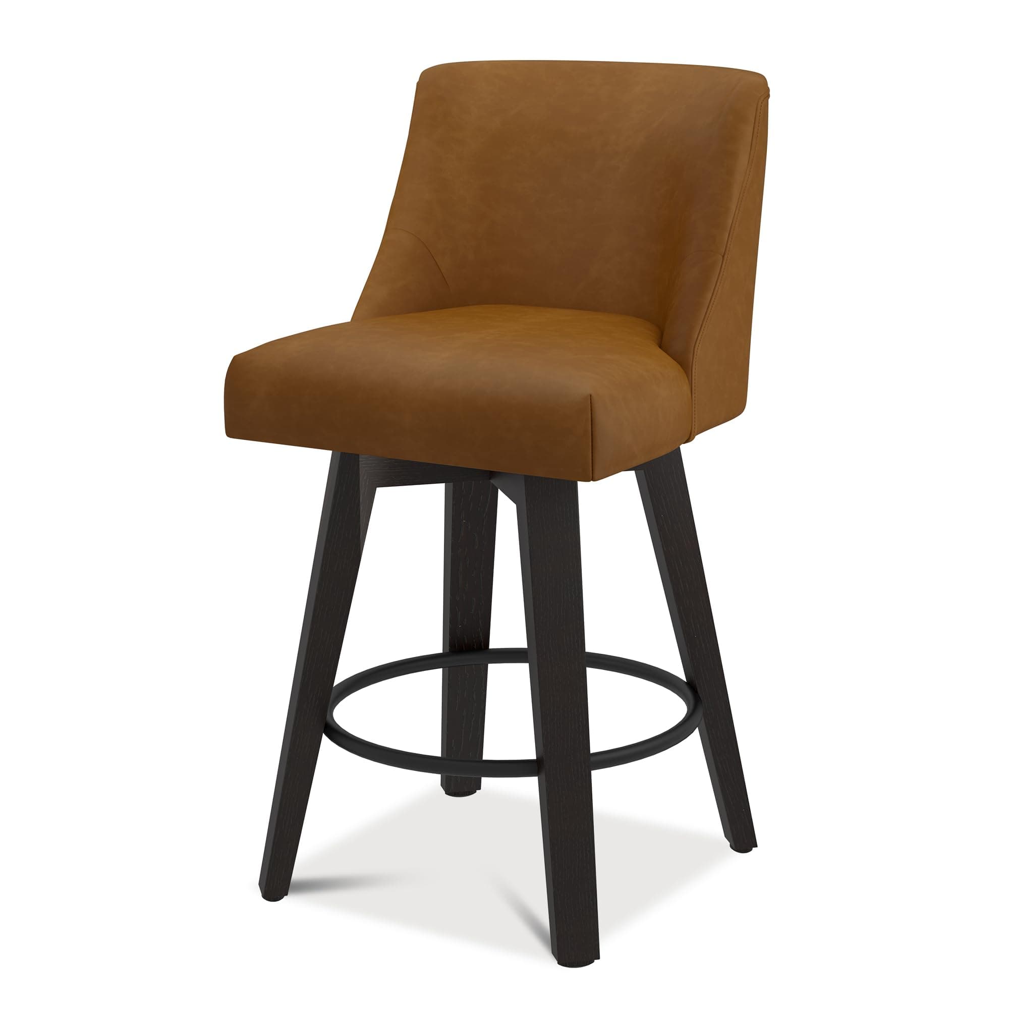 360° Swivel Counter Barstool Set of 1, 26 inch Height Kitchen Island Stool with Solid Wood Legs, Faux Leather Upholstered, Brown