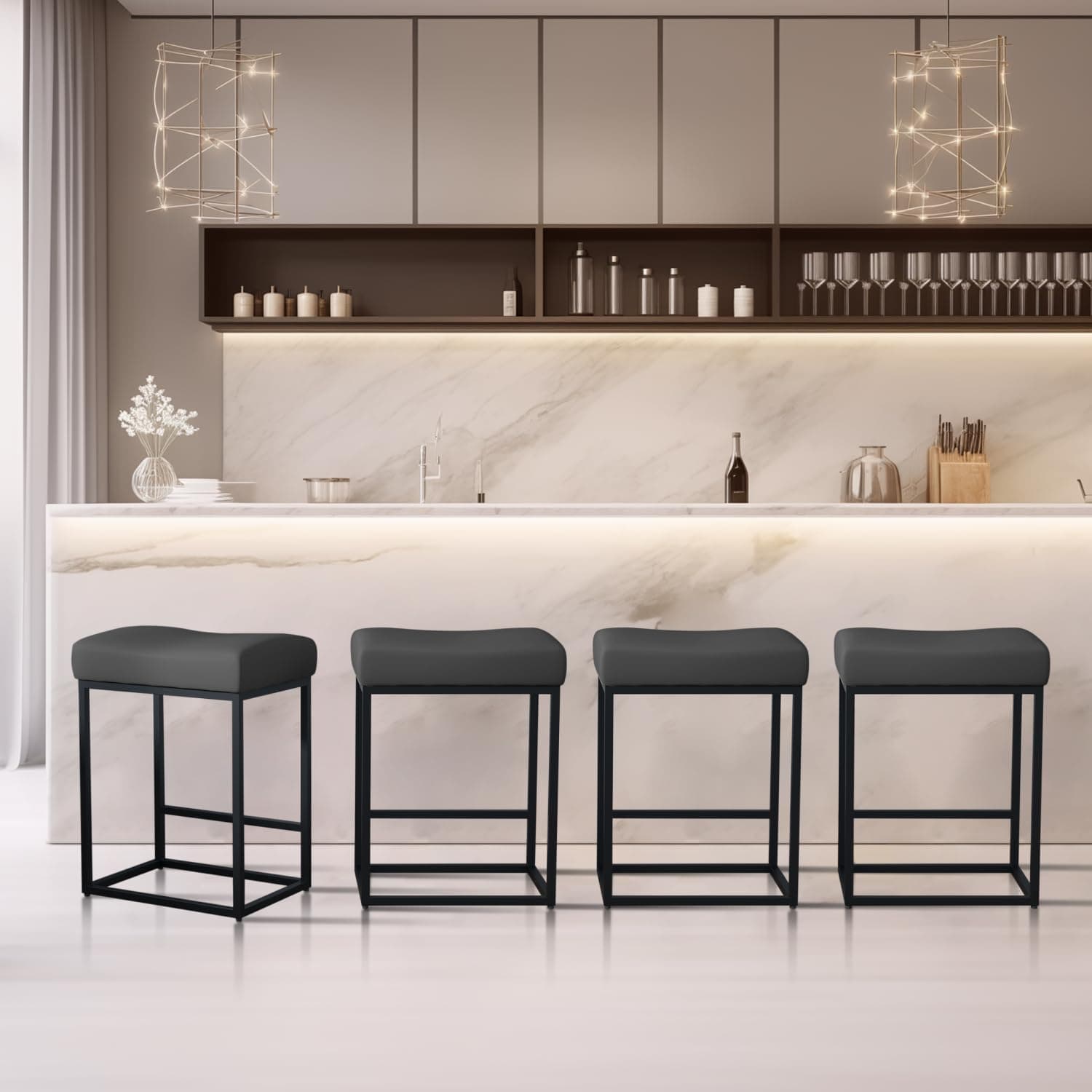 Counter Height Kitchen Stools Set of 4, Modern Faux Leather Barstools, Metal Frame Legs, Dark Grey