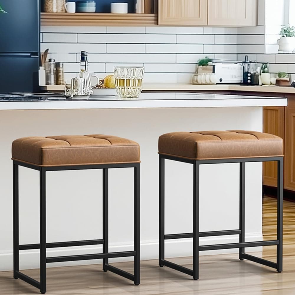 Yaheetech Brown Faux Leather 24 Inch Kitchen Island Bar Stool Set