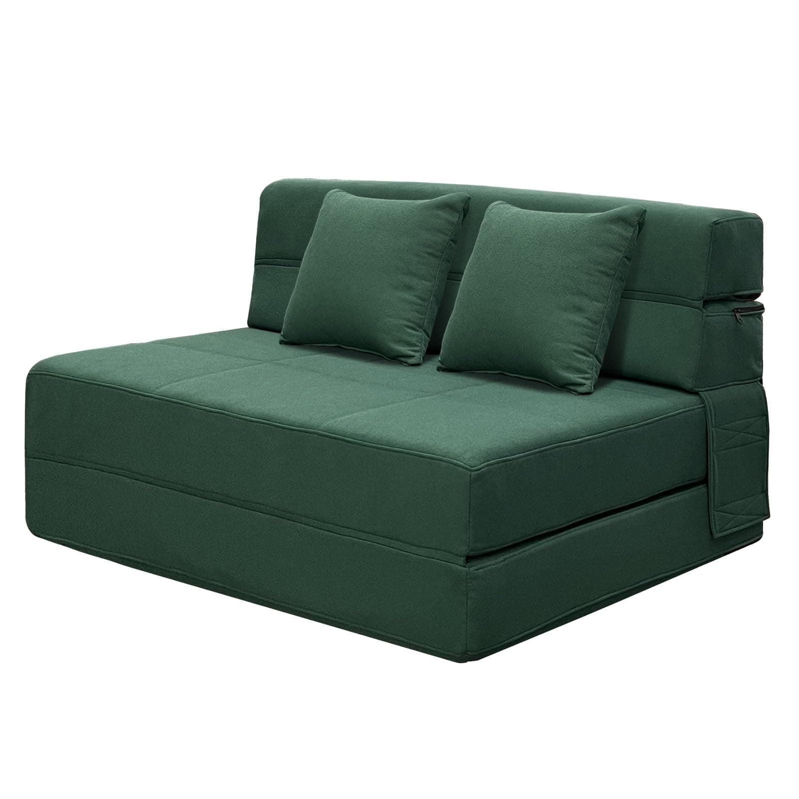 ANONER Queen Size Fold Out Couch Bed with Memory Foam, 2 Pillows, Dark Green
