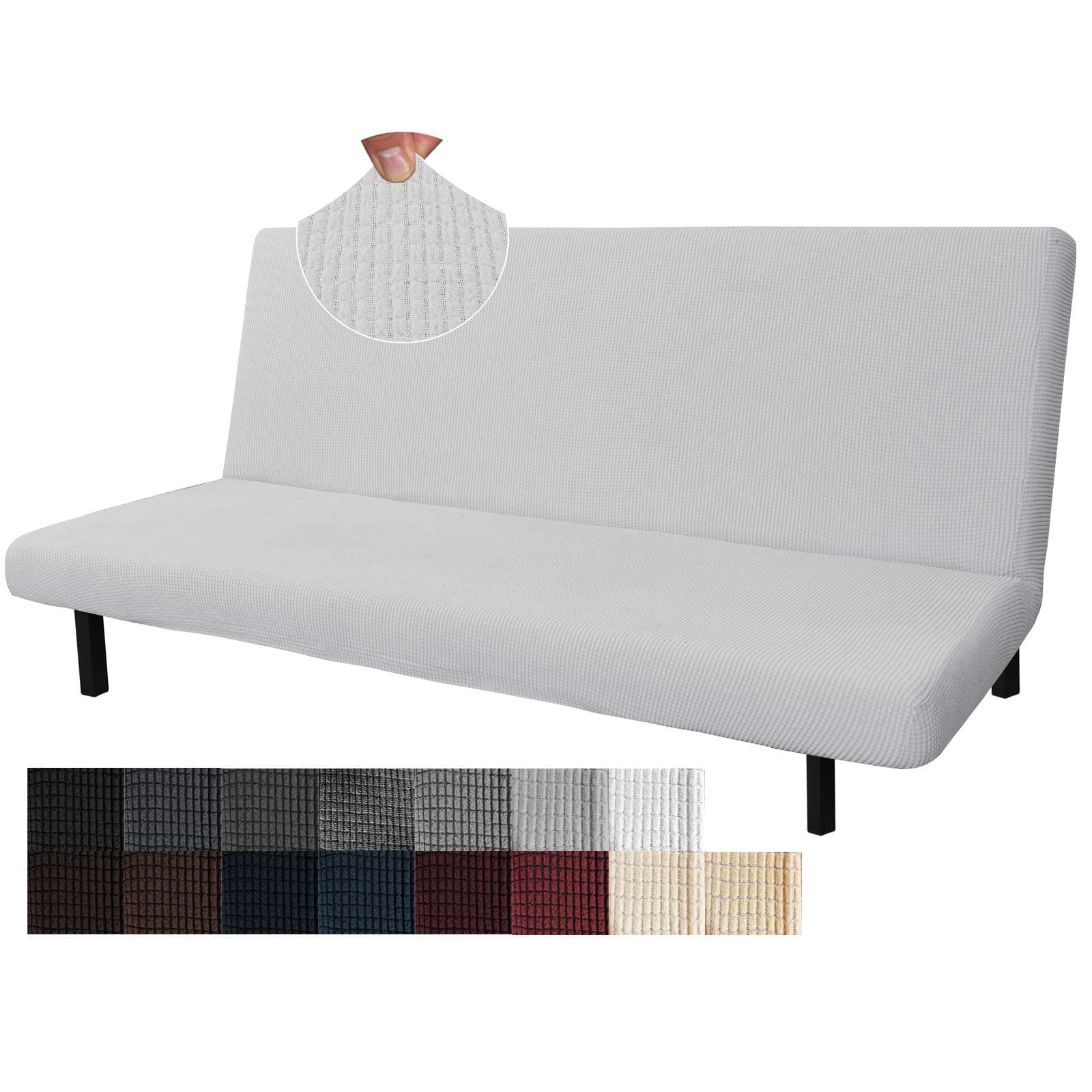 Stretch Futon Cover - Armless Sofa Slipcover - Non Slip Spandex - Soft Elastic Bands - Light Gray and White