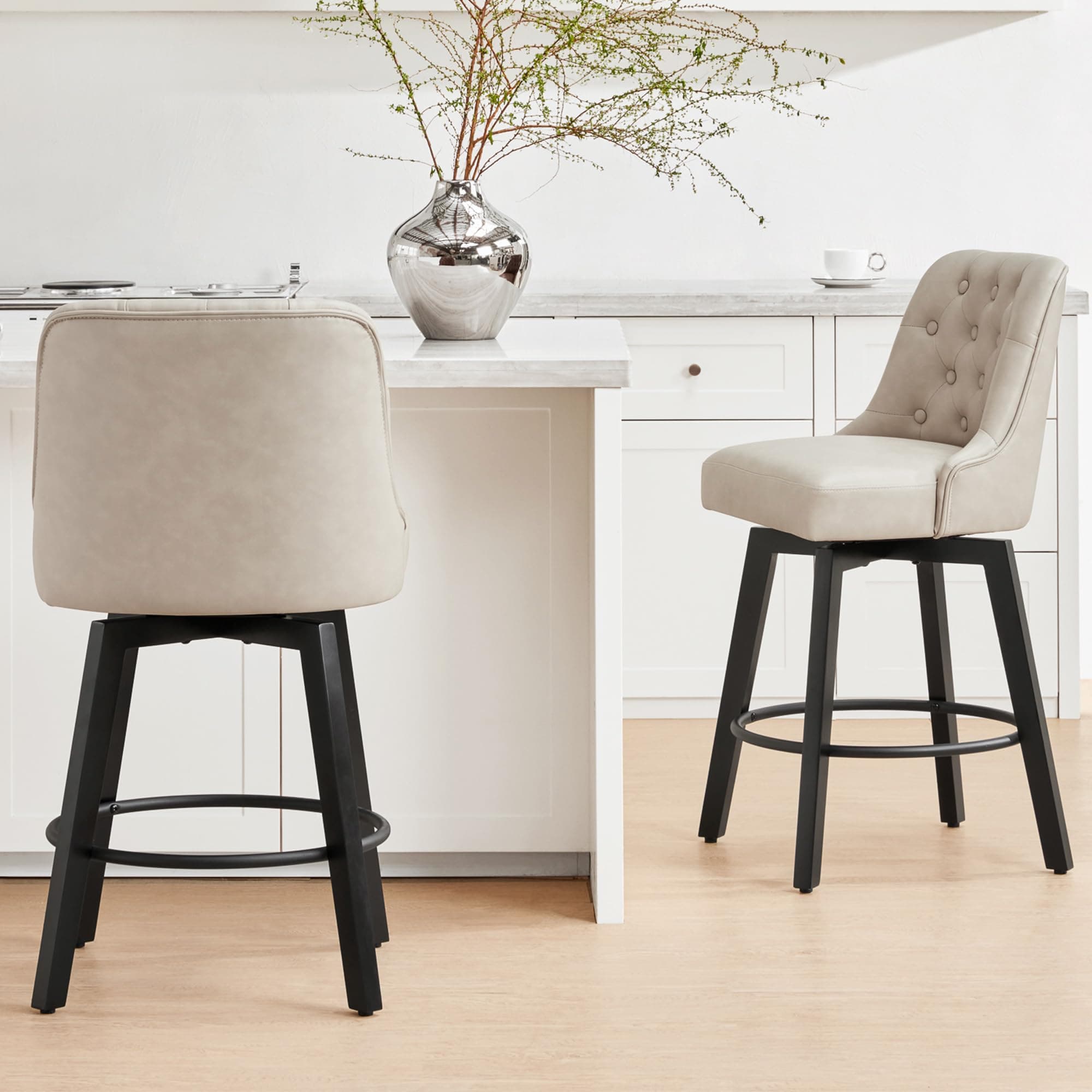 Swivel Barstools 26 Seat Height Set of 2 for Kitchen Island - Beige Fabric