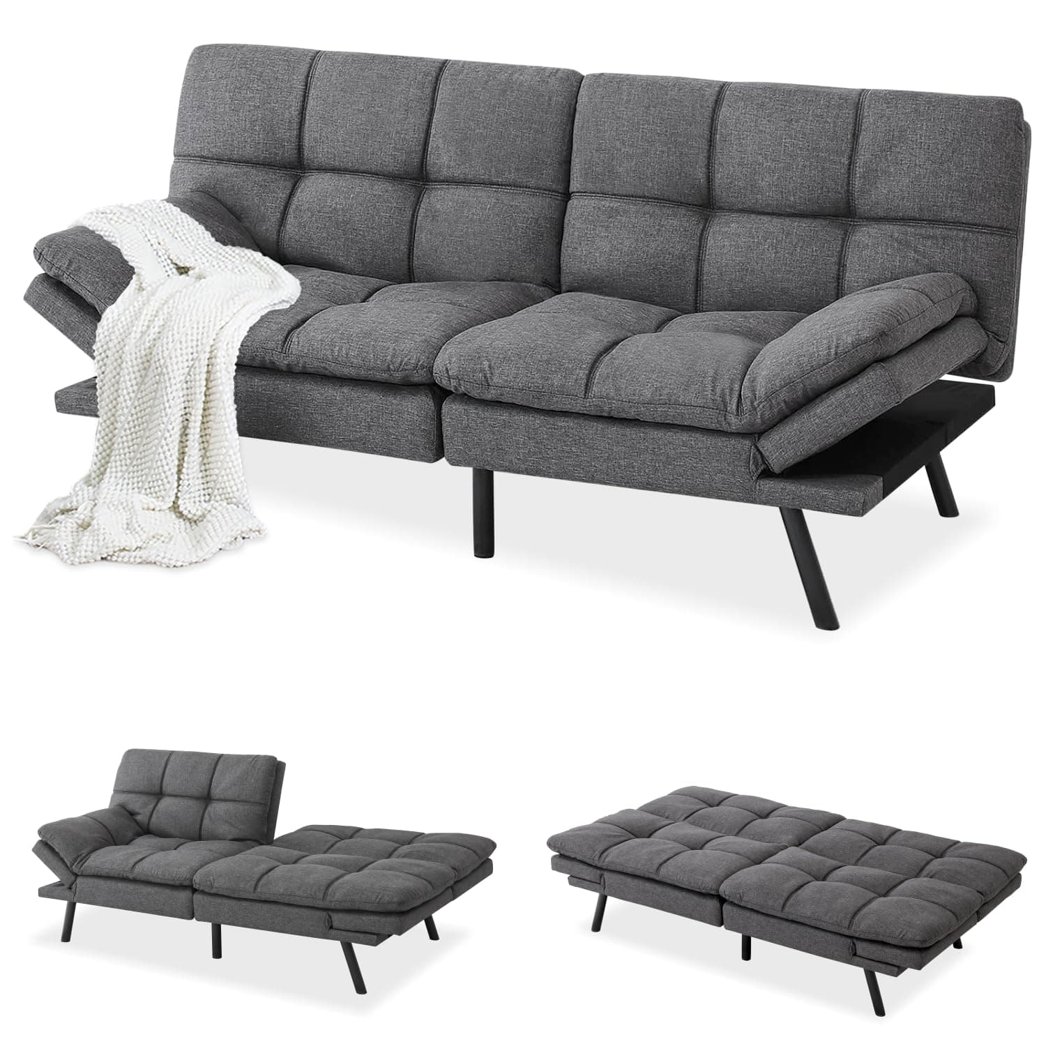 Convertible Memory Foam Futon Sofa Bed with Adjustable Backrest and Armrests, Dark Grey