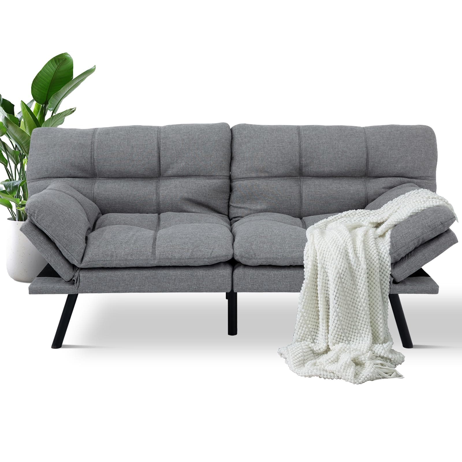 MUUEGM Grey Convertible Futon Sofa Bed, Memory Foam, Adjustable Armrest & Backrest