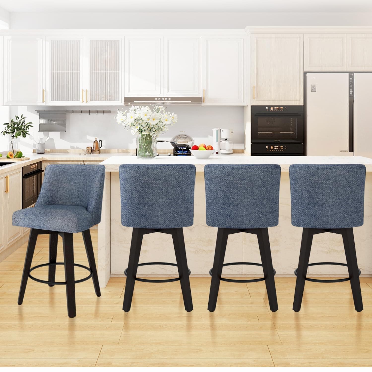Modern 360°Swivel Bar Stools Set of 4 with High Backrest, Denim Blue