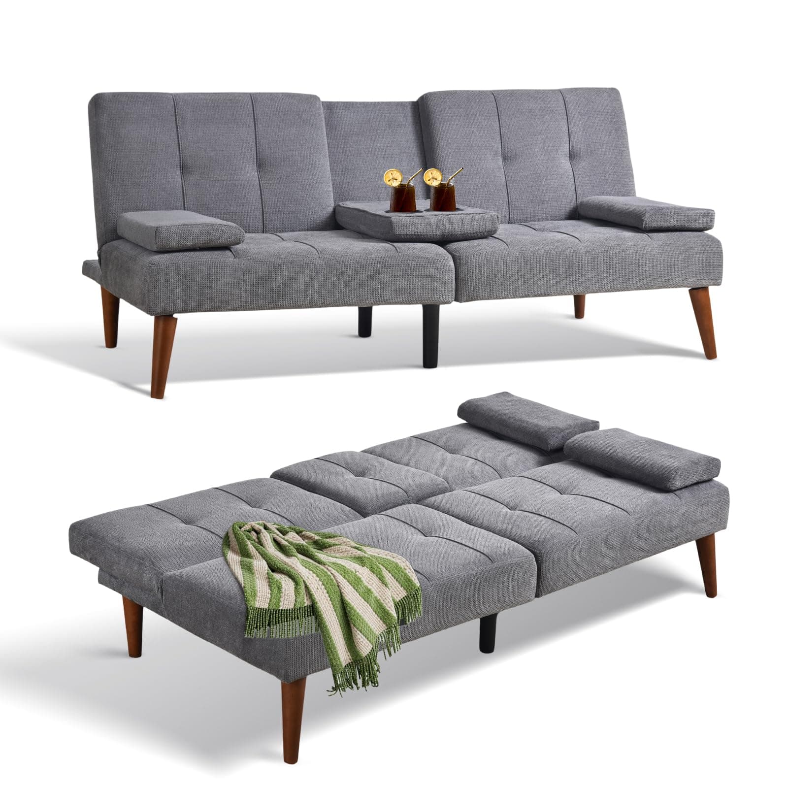 COLAMY Convertible Futon Sofa Bed, Light Grey, 2 Cup Holders
