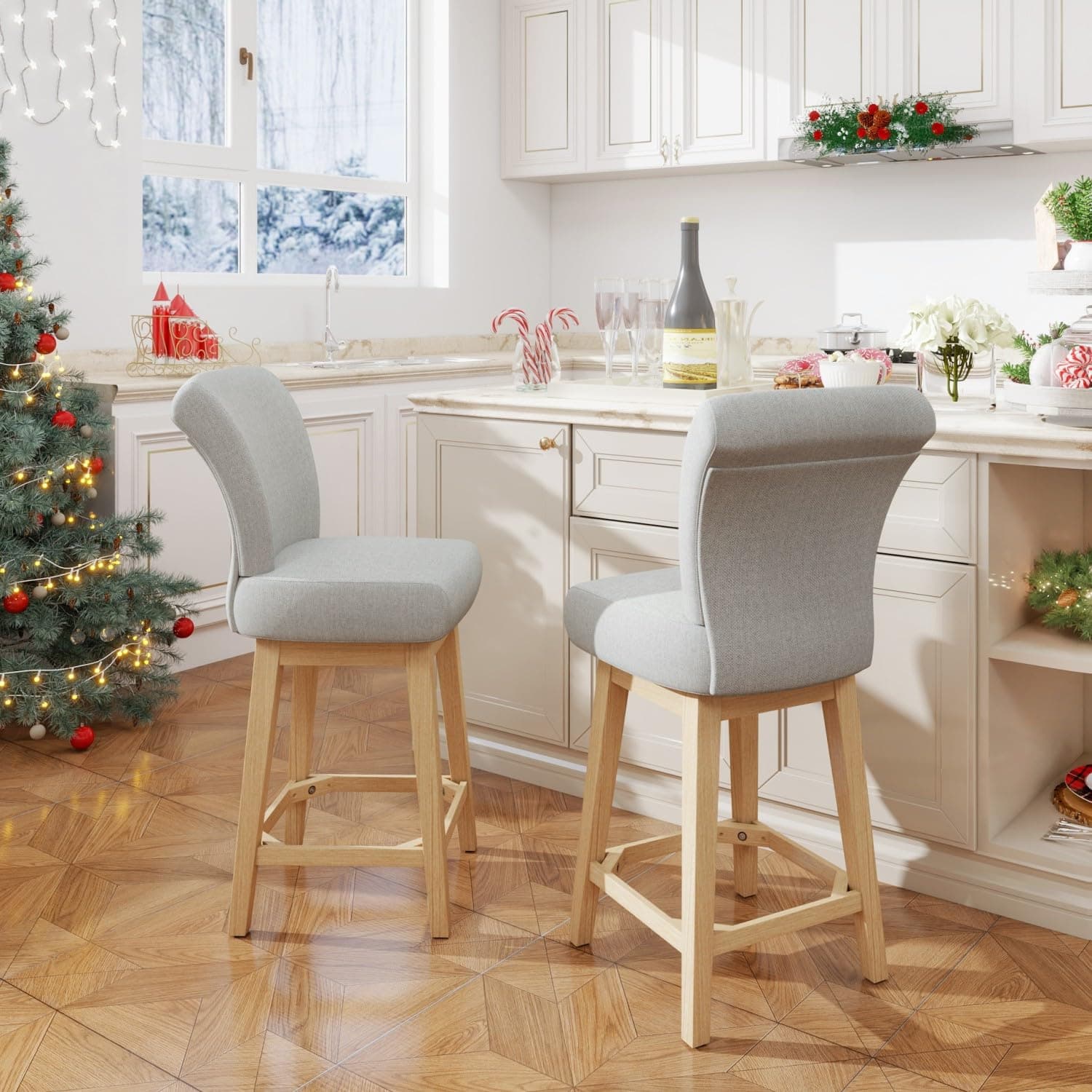 Modern 26 Counter Height Bar Stools Set of 2 with 360° Swivel and High Backrest in Light Grey Fabric for Kitchen and Bar