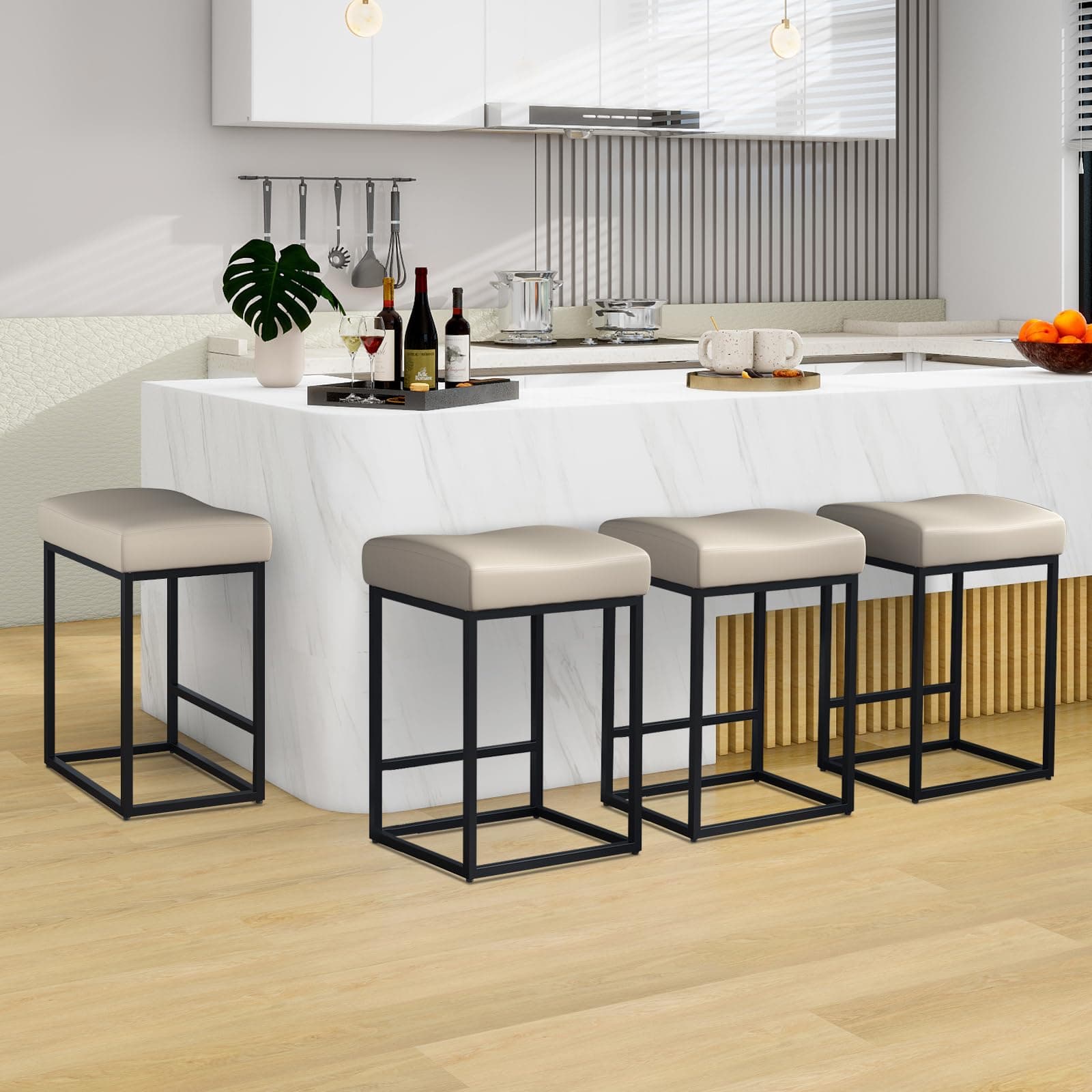 Set of 4 Modern Kitchen Barstools with Metal Base, 25 inch Counter Height, Light Grey PU Leather Saddle Stools