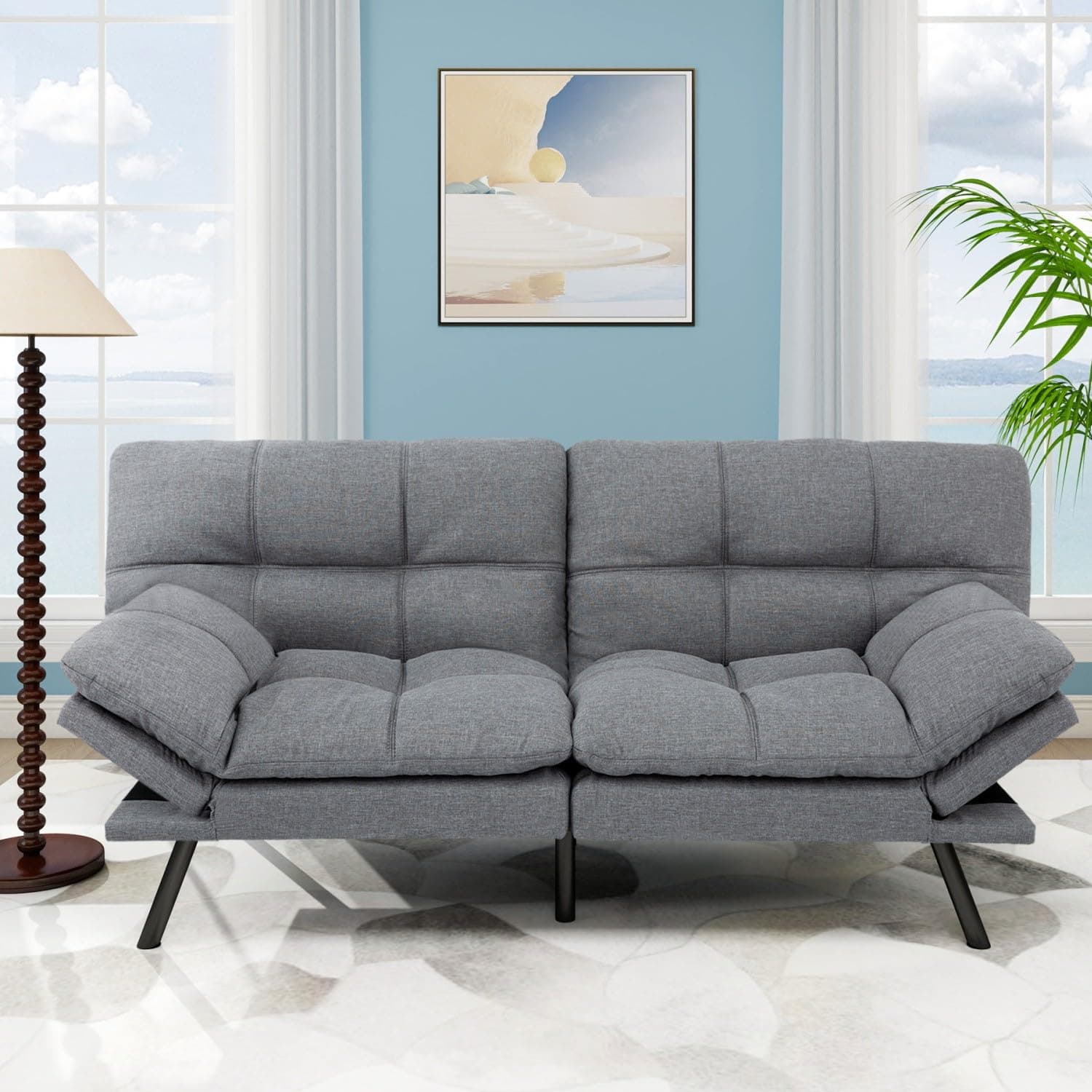 MUUEGM Linen Memory Foam Convertible Sofa Bed, 71", Light Grey, Living Room Sleeper Couch