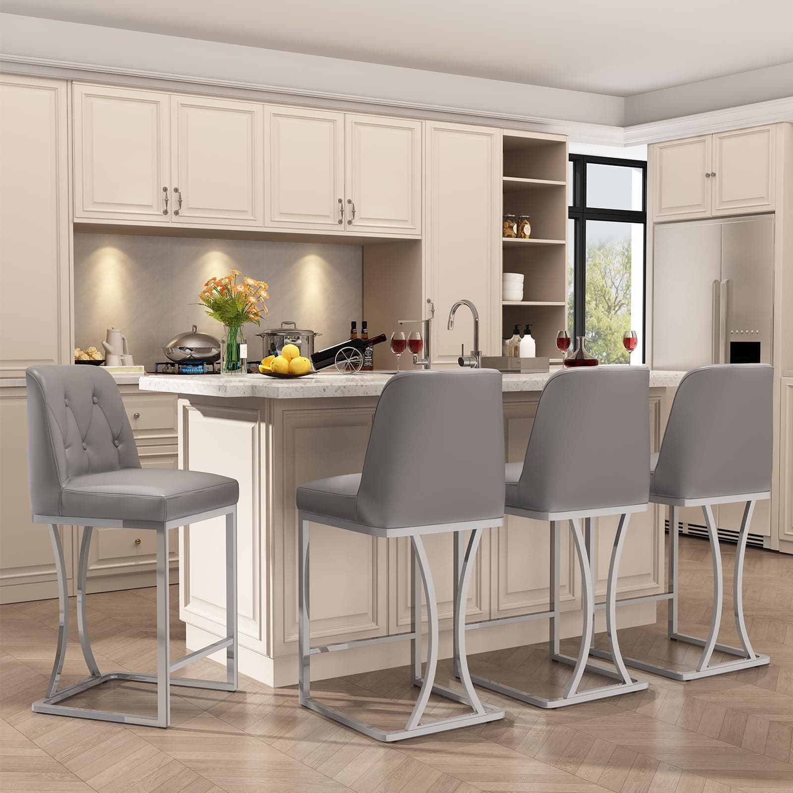 Grey Counter Stools with Back, Silver Metal Frame, Set of 4