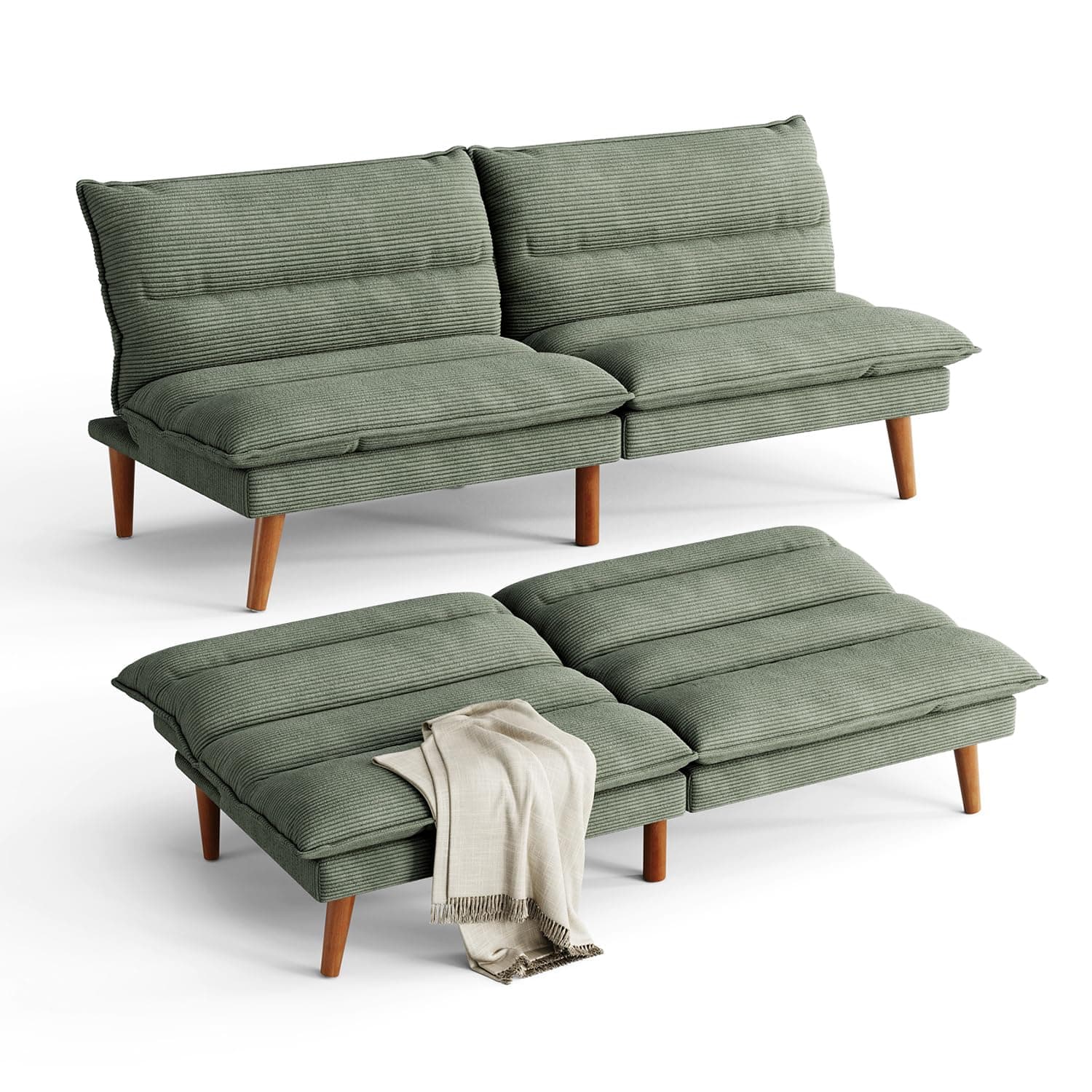 LINSY Green Corduroy Adjustable Futon Sofa Bed for Small Spaces