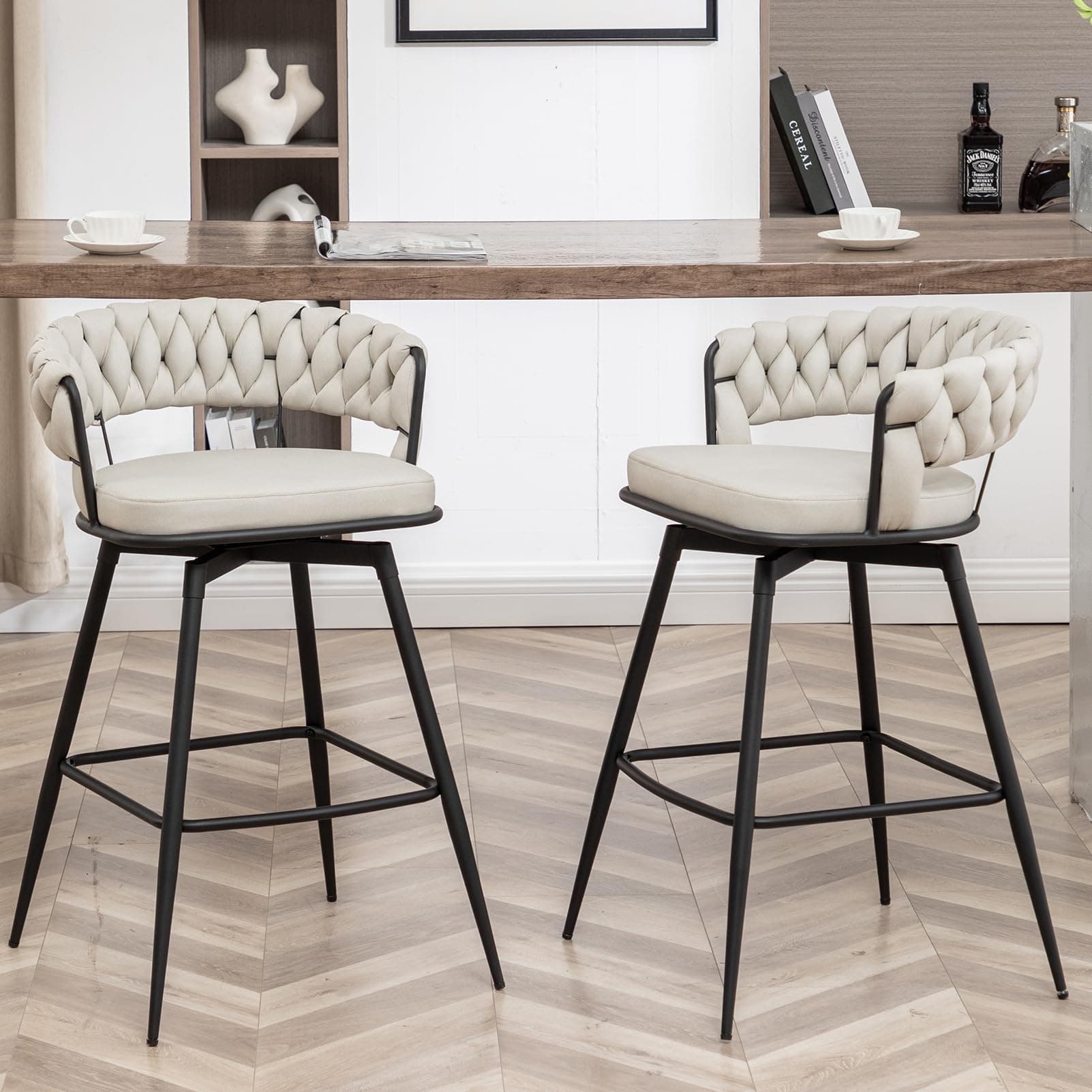 Modern Beige 360° Swivel Bar Stool Set, 26" Counter Height