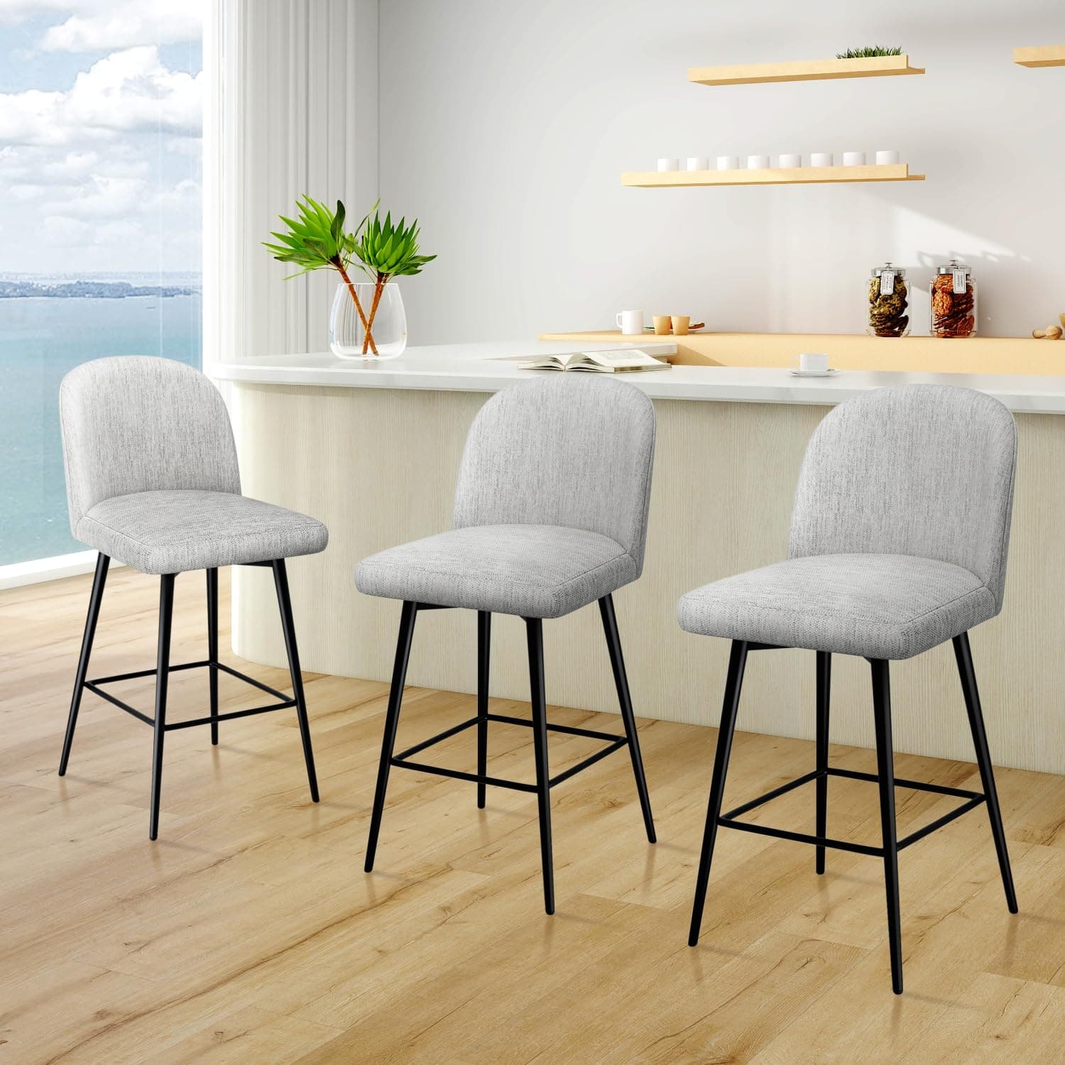 Modern 360° Swivel Bar Stools Set of 3, High Back Linen Fabric Counter Height Chairs