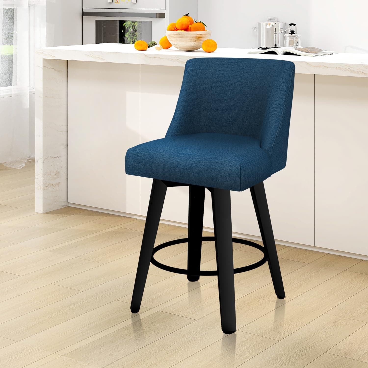 360°Swivel Counter Height Bar Stool Set, 26in Modern Navy Blue Kitchen Chair with Wooden Legs and Back.