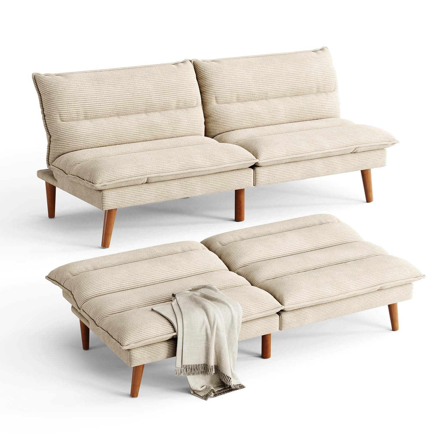 LINSY 71 Inch Beige Adjustable Backrest Futon Sofa Bed
