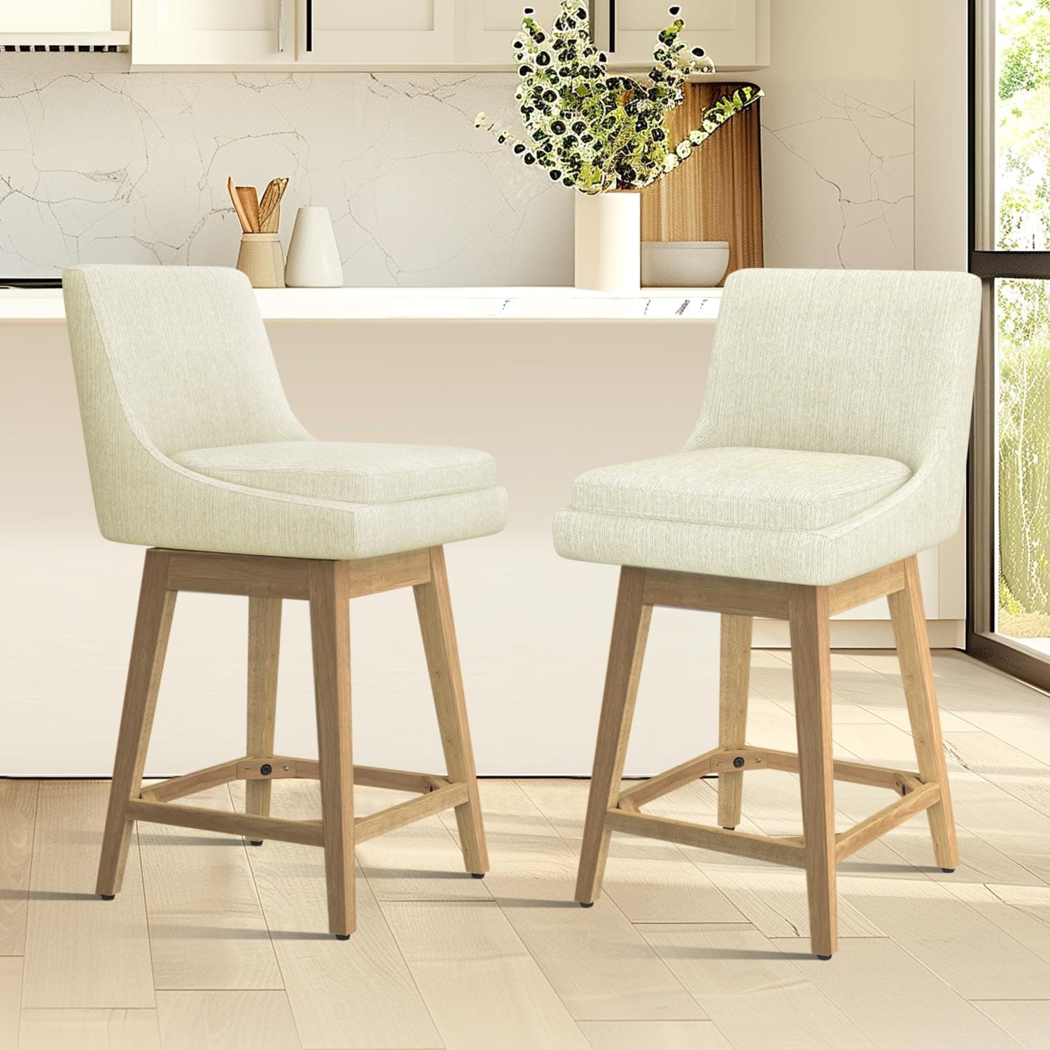 MUUEGM Set of 2 Swivel Barstools with Back, 26.8 Upholstered Fabric Seat, Solid Wood Legs, Modern Ivory White Design for Kitchen and Dining Room