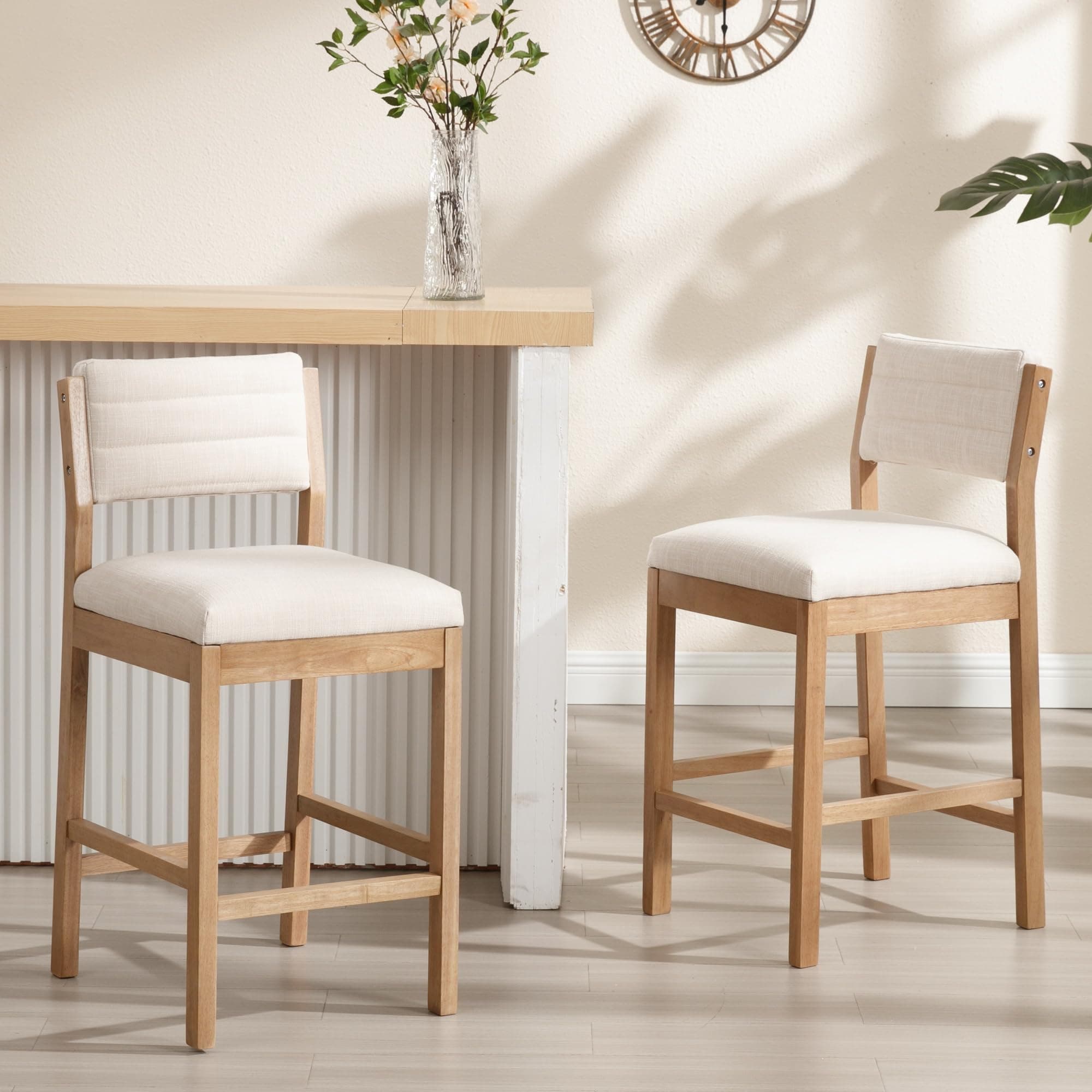 26" Mid Century Linen Beige Bar Stools Kitchen Island Set