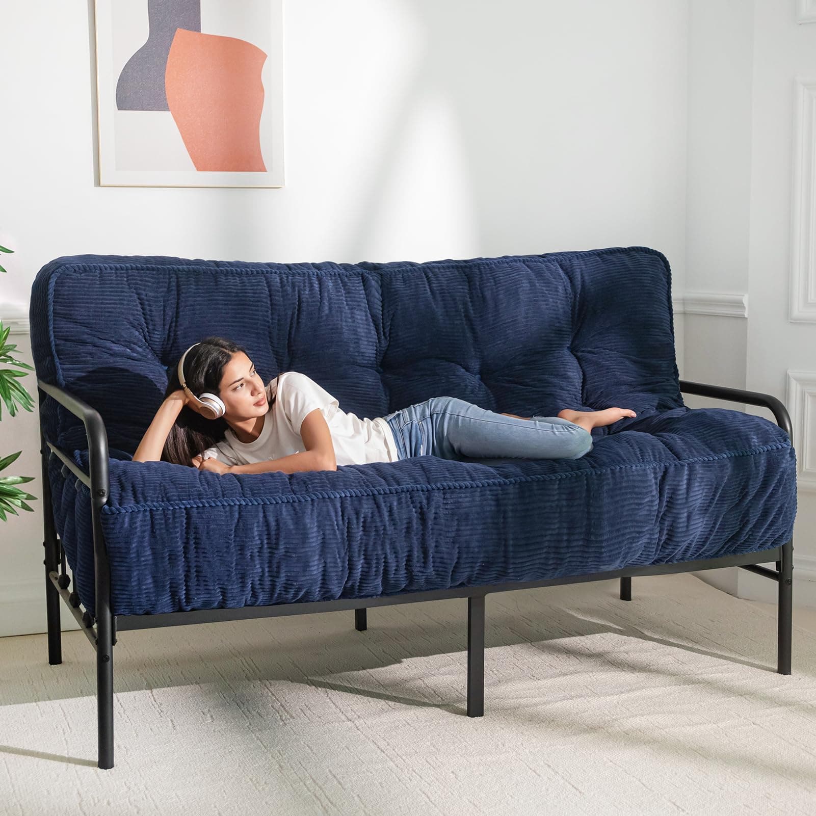 MAXYOYO Queen Size Ultra Thick Futon Mattress Sofa Bed, Shredded Foam Filling, Corded Fabric, Navy