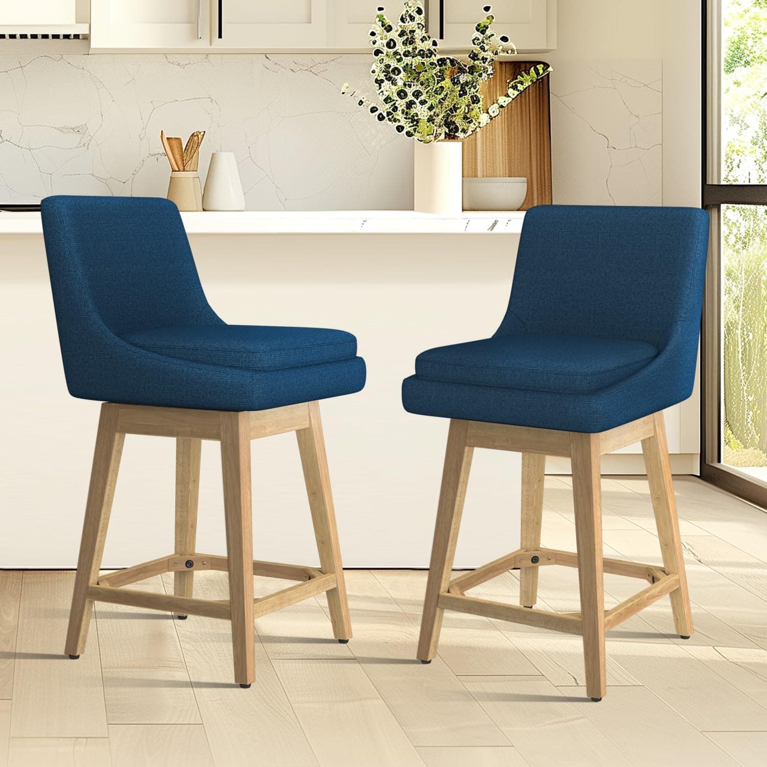 Set of 2 Upholstered Fabric Bar Stools with Backrest for Kitchen Island and Dining Room