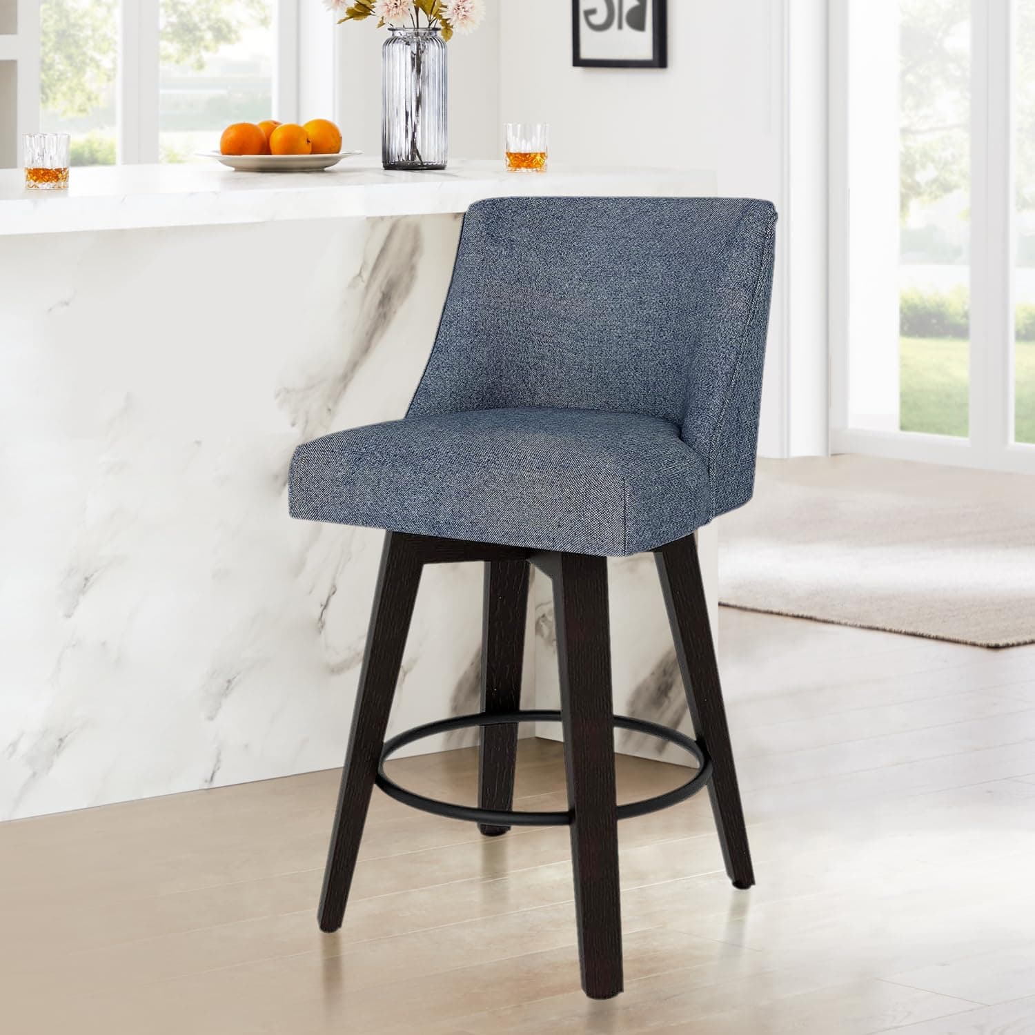 Modern 360°Swivel Bar Stools with High Backrest in Denim Blue