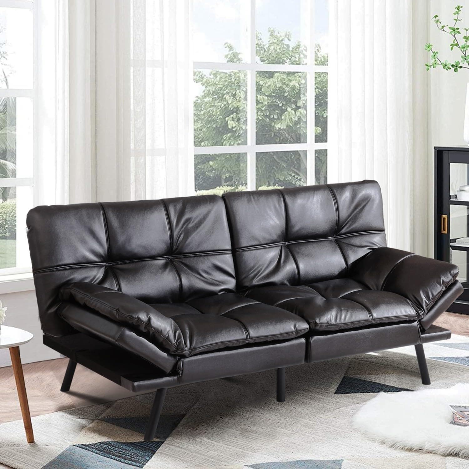 MUUEGM Futon Sofa Bed, Adjustable Backrest, Memory Foam, Black