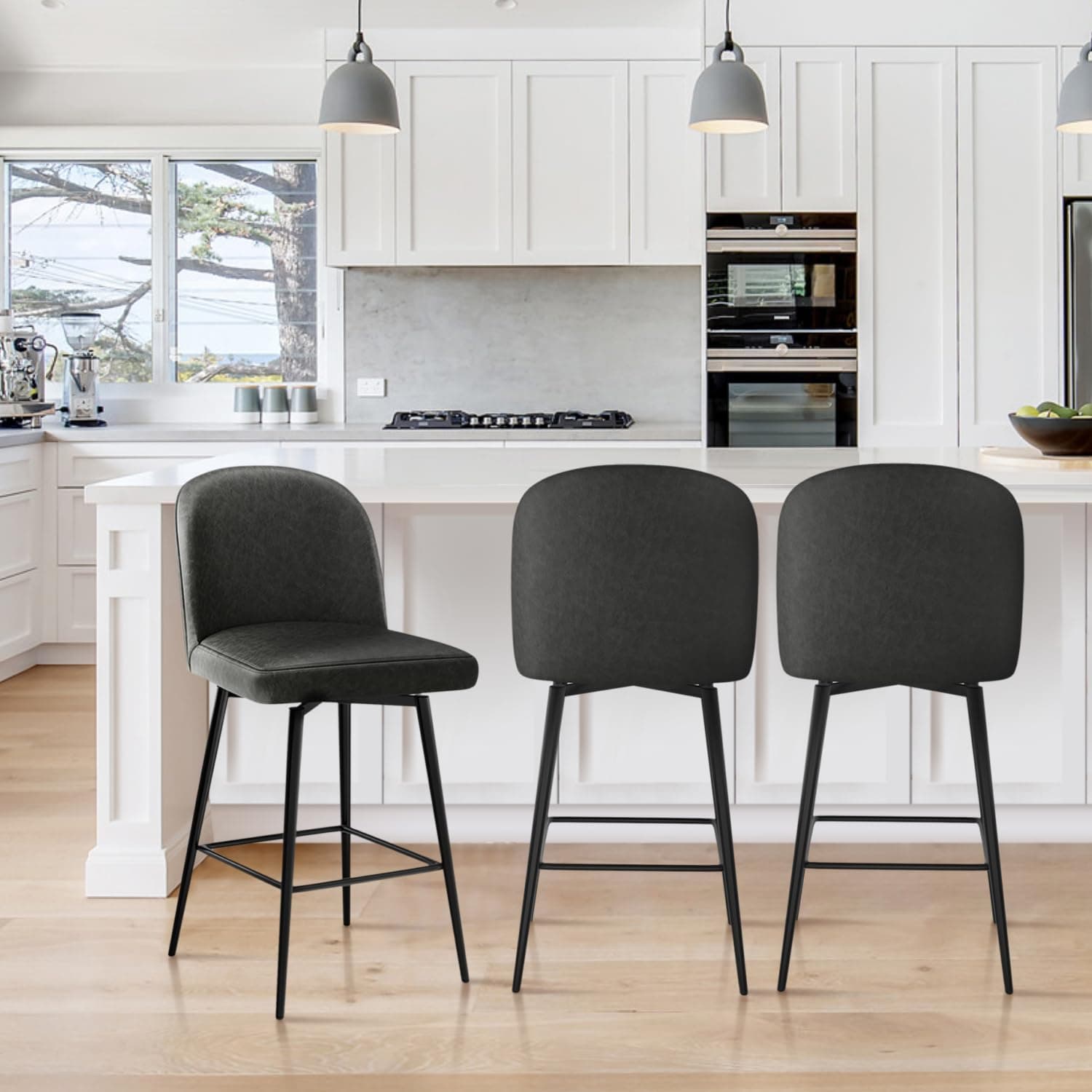 360° Swivel Leather Bar Stools Set of 3, Counter Height Chairs with Metal Legs