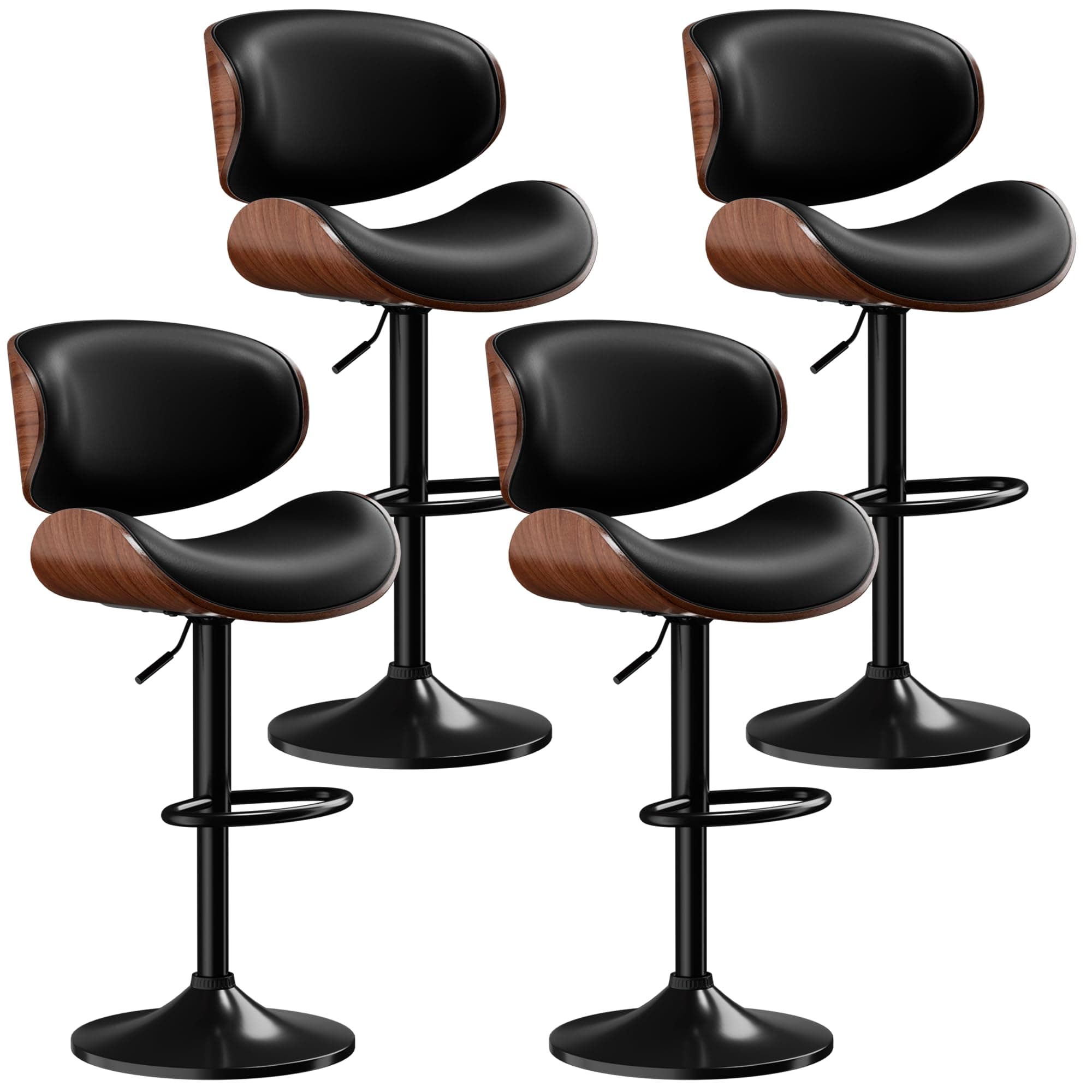 Mid-Century Modern Black Bar Stool Set of 4 with Back