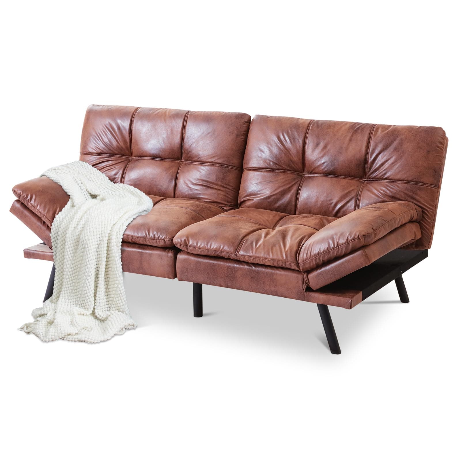 Memory Foam Sofa Bed with Removable Armrests, Brown Leather Futon for Compact Living Spaces